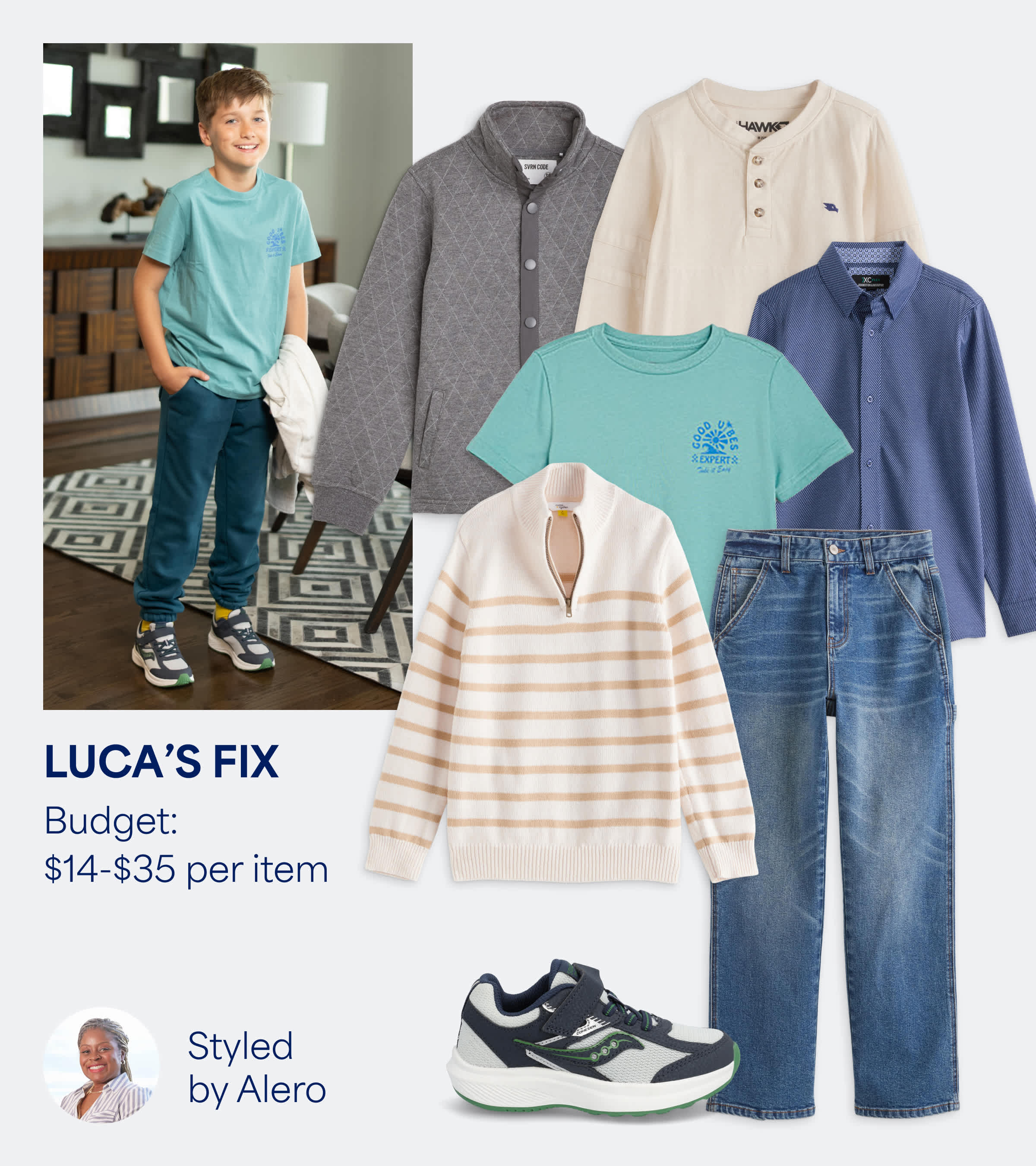 A collage featuring an image of a kid Stitch Fix client with several Stitch Fix items and some text overlays. From left to right: a kid wearing a Stitch Fix outfit, a small headshot of a Stitch Fix Stylist, a gray jacket, a white henley shirt, a turquoise graphic tee shirt, a striped quarter-zip sweater, a pair of black sneakers, a pair of blue jeans and a blue button-down shirt. Text overlays read: “LUCA’S FIX - Budget: $14-$35 per item - Styled by Alero”.