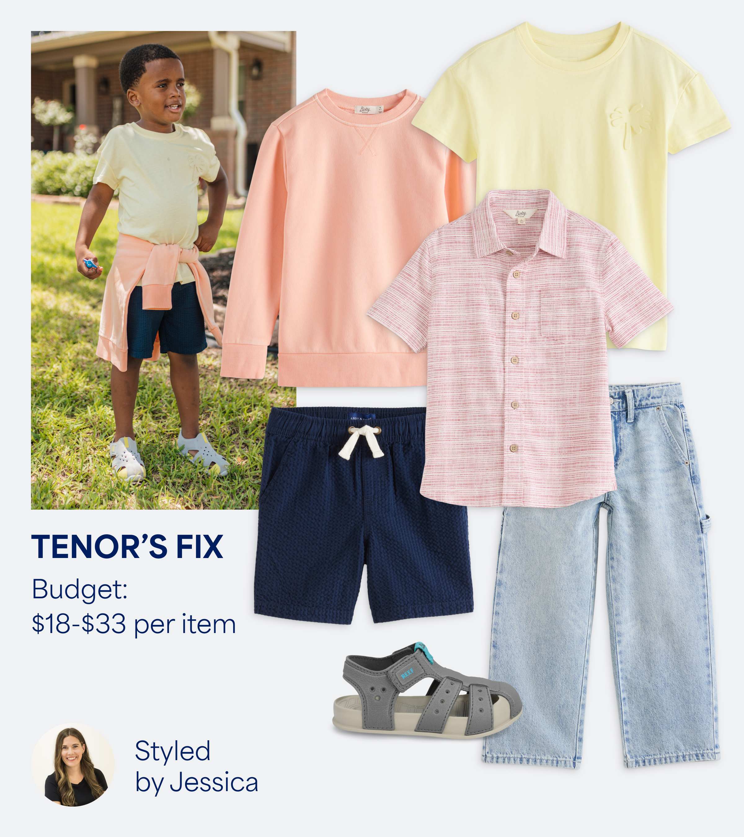 A collage featuring an image of a kid Stitch Fix client with several Stitch Fix items and some text overlays. From left to right: a kid wearing a Stitch Fix outfit, a small headshot of a Stitch Fix Stylist, a coral crewneck sweater, a pair of blue shorts, a pink button-down shirt, a yellow tee shirt, a gray sandal and a pair of blue jeans. Text overlays read: “TENOR’S FIX - Budget: $18-$33 per item - Styled by Jessica”.