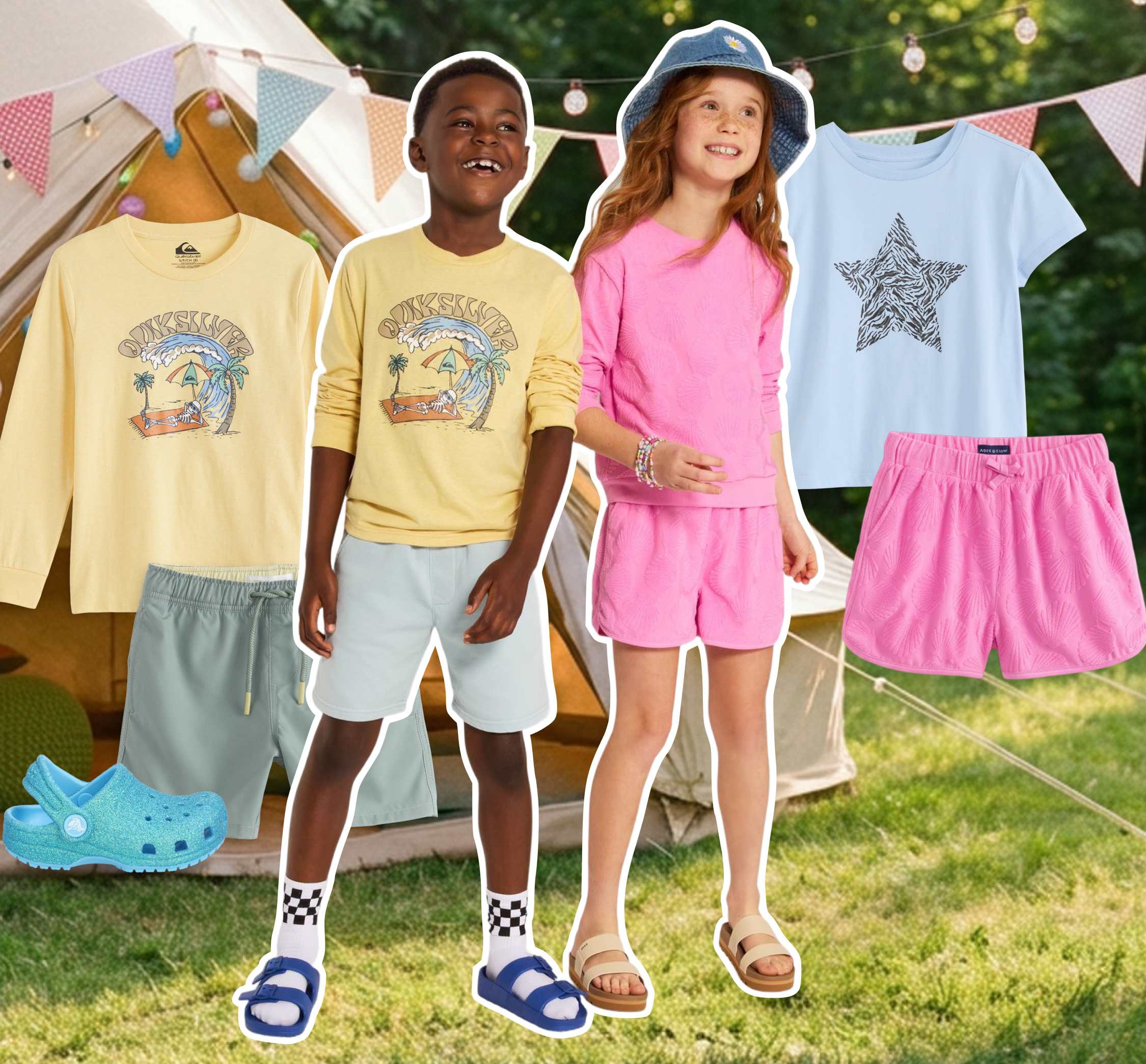 A collage of Stitch Fix items and two models on a grassy backdrop. A tent is visible in the background. From left to right: A yellow long-sleeve graphic tee, a pair of green shorts, a blue Croc shoe, a young boy model wearing a Stitch Fix outfit, a young girl model wearing a Stitch Fix outfit, a blue short-sleeve graphic tee shirt and a pair of pink shorts.