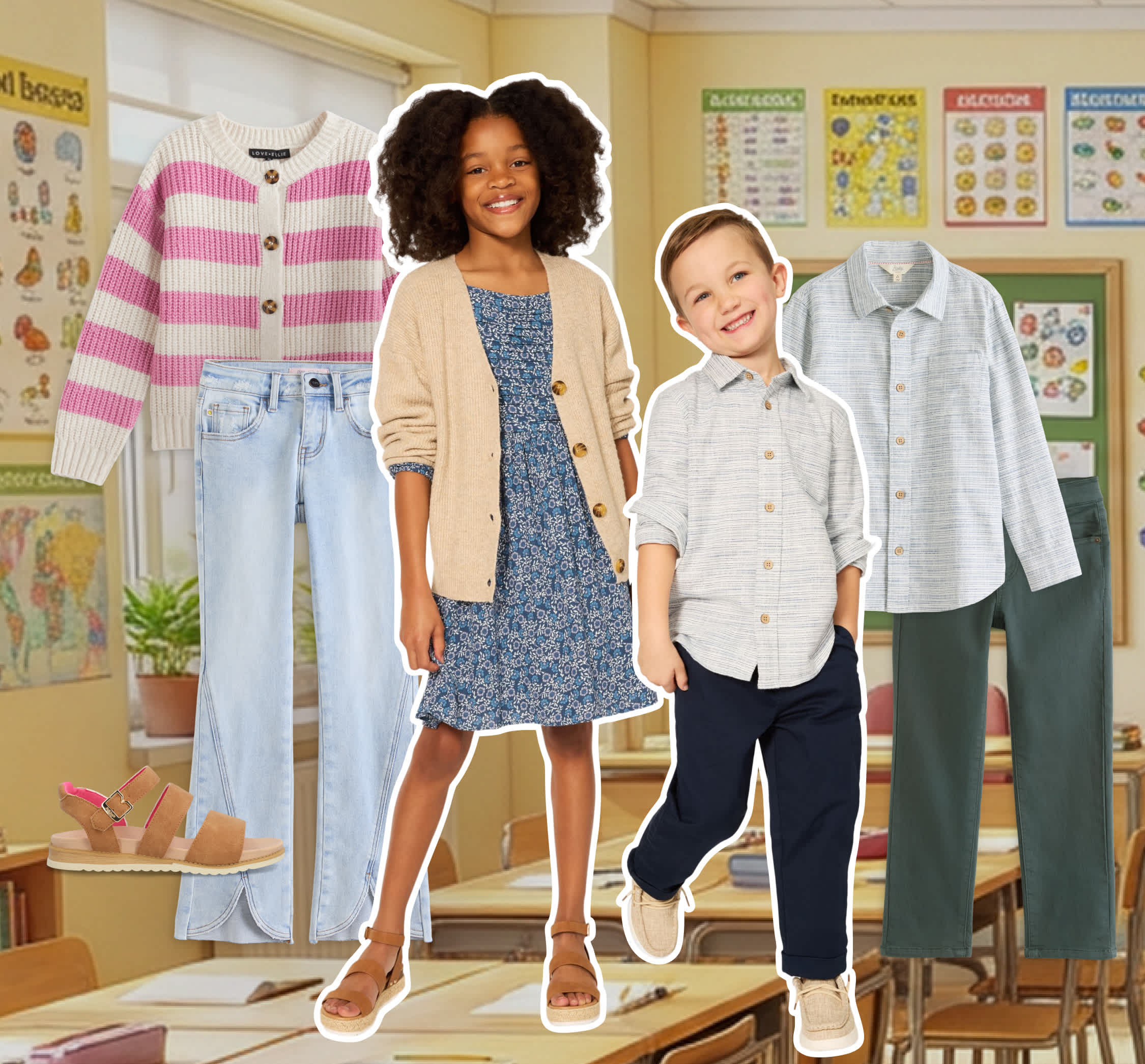 A collage of Stitch Fix items and two models on a classroom backdrop. From left to right: A pink striped cardigan, a pair of brown sandals, a pair of blue jeans, a young girl model wearing a Stitch Fix outfit, a young boy model wearing a Stitch Fix outfit, a patterned button-down shirt and a pair of green pants.