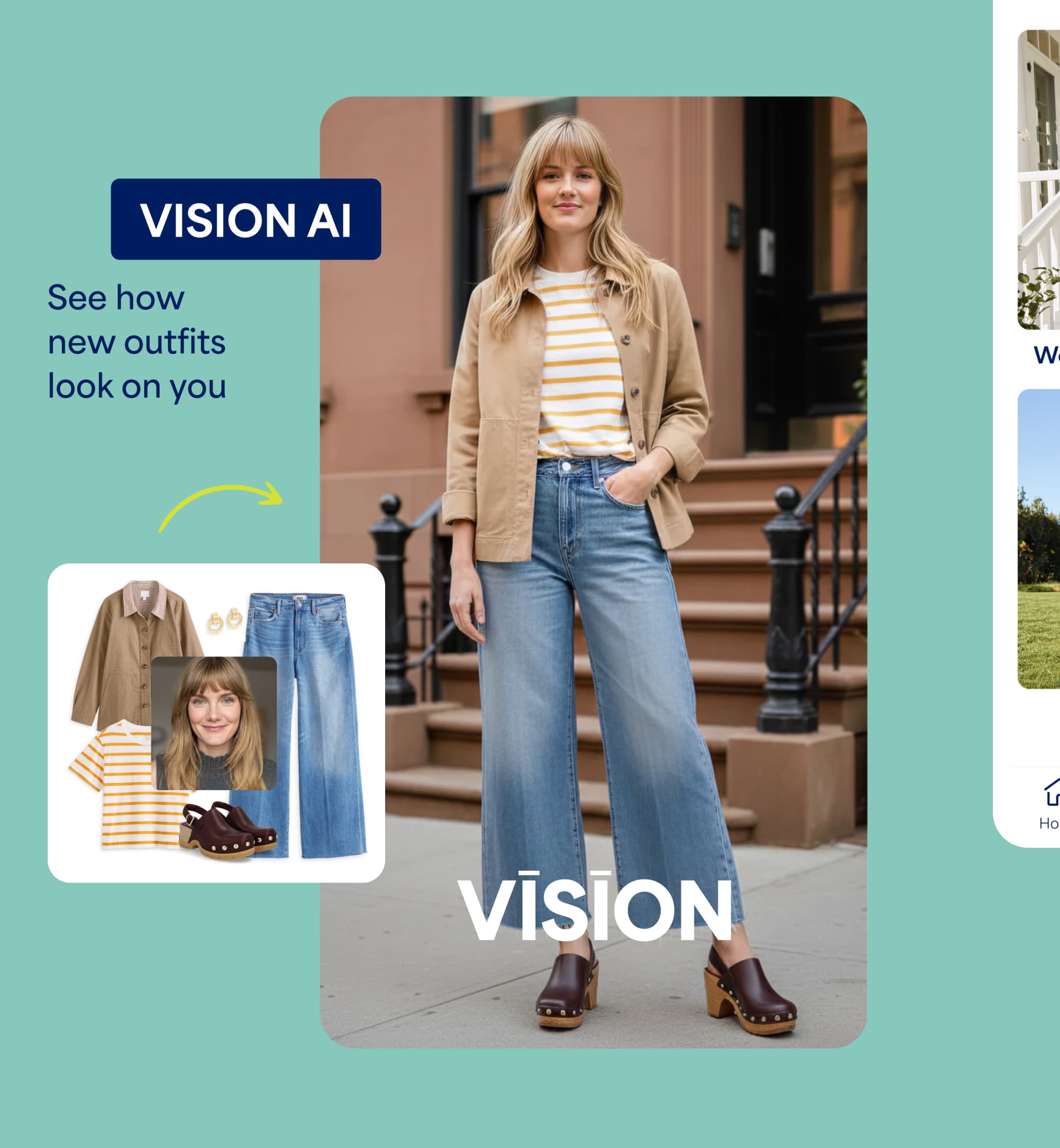 Stitch Fix Vision app screen showing a woman wearing a beige jacket, yellow striped shirt, and jeans. Text reads “Vision,” “Personalized + shoppable virtual styling images,” and “VISION – See yourself in fresh looks. Get yours today.”