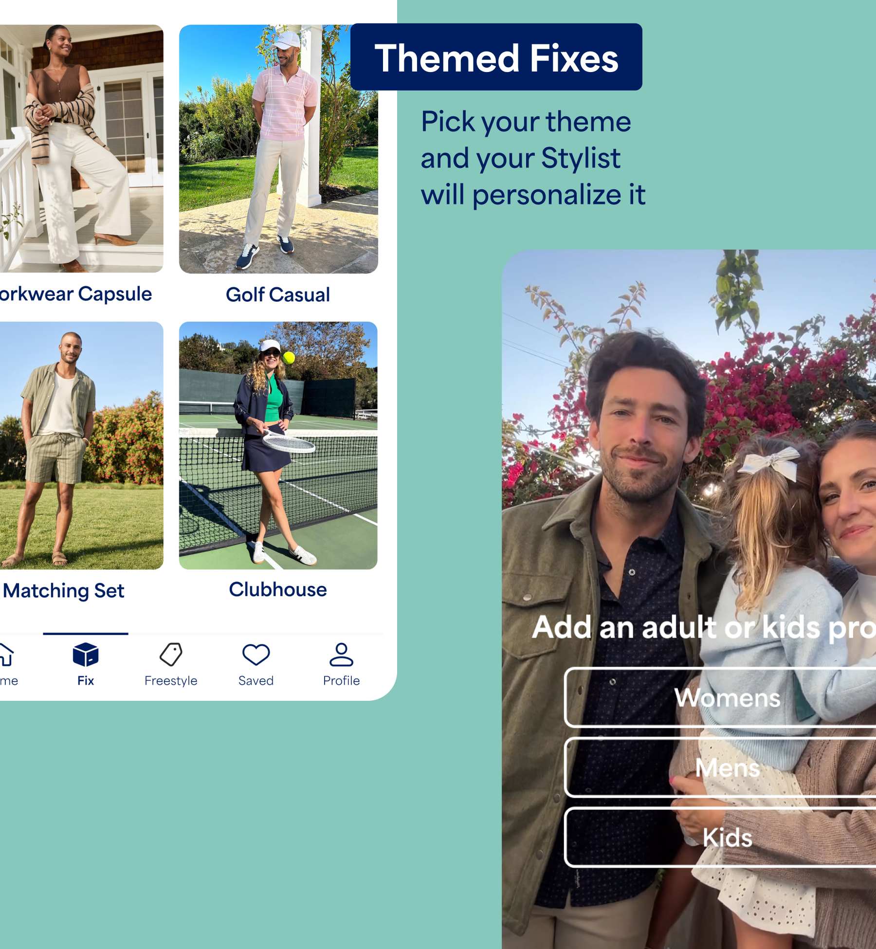 App screen titled “Themed Fixes” displays four outfit categories with lifestyle images: Workwear Capsule (woman in a brown top, striped cardigan, and cream pants on a porch), Golf Casual (man in a pink polo and light pants outdoors), Matching Set (man in a coordinated short-sleeve set on grass), and Clubhouse (woman in a sporty tennis outfit holding a racket on a court). Text reads “Pick your theme and your Stylist will personalize it.”
