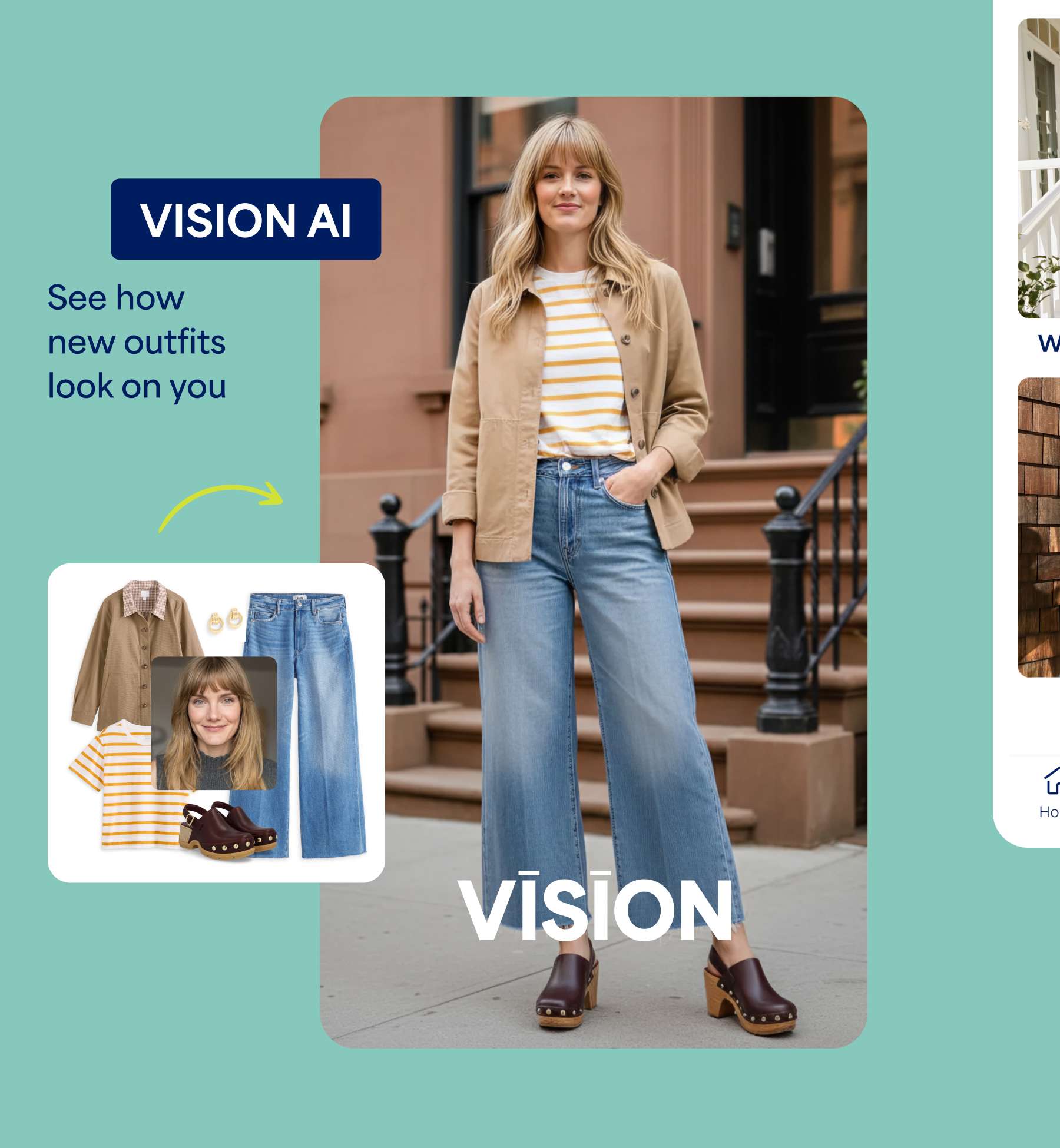 Stitch Fix Vision app screen showing a woman wearing a beige jacket, yellow striped shirt, and jeans. Text reads “Vision,” “Personalized + shoppable virtual styling images,” and “VISION – See yourself in fresh looks. Get yours today.”