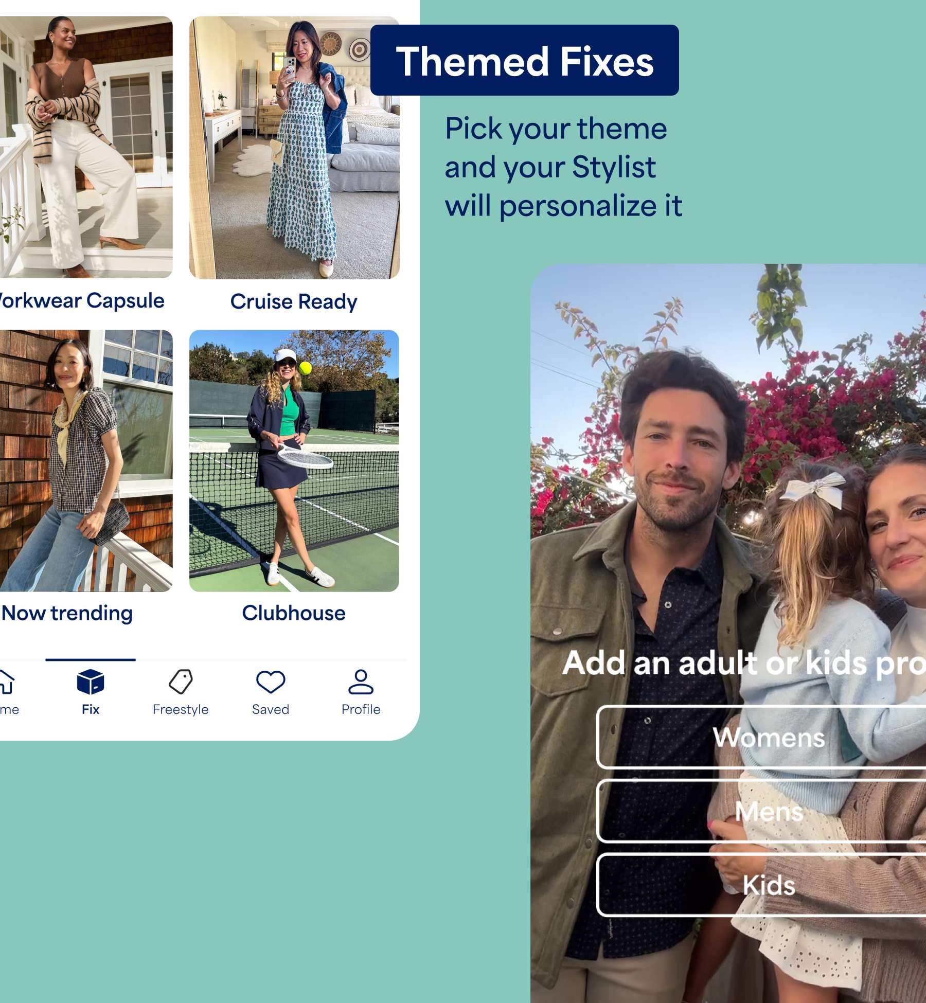 App screen titled “Themed Fixes” displays four outfit categories with lifestyle images: Workwear Capsule (woman in a brown top, striped cardigan, and cream pants on a porch), Golf Casual (man in a pink polo and light pants outdoors), Matching Set (man in a coordinated short-sleeve set on grass), and Clubhouse (woman in a sporty tennis outfit holding a racket on a court). Text reads “Pick your theme and your Stylist will personalize it.”