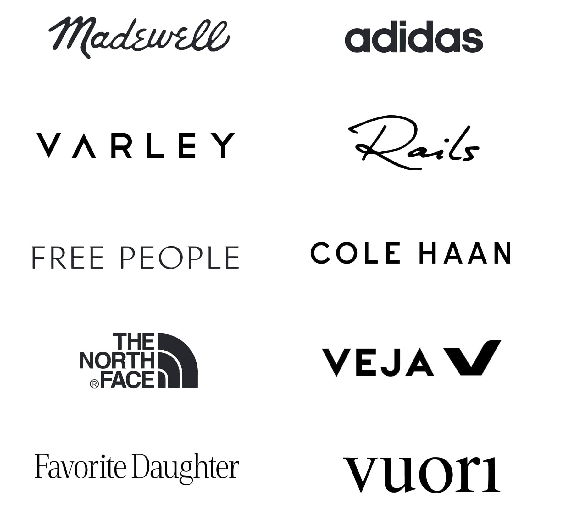 Madewell, Adidas, Varley, Kate Spade New York, Free People, Gola, The North Face, Vuori, Dolce Vita, Crocs