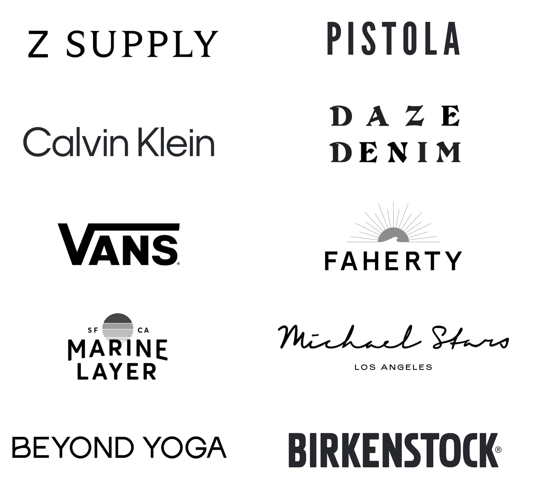 ASTR The Label, Sam Edelman, Calvin Klein, DKNY, Veja, Favorite Daughter, Z Supply, Marine Layer, Birkenstock, Sanctuary