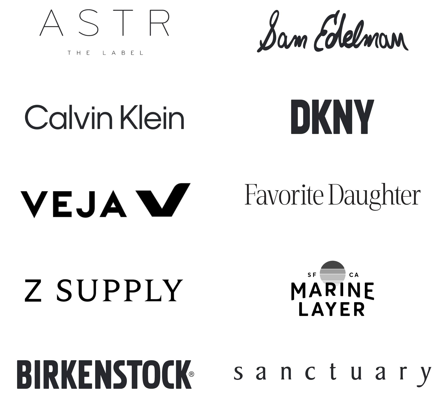 ASTR The Label, Sam Edelman, Calvin Klein, DKNY, Veja, Favorite Daughter, Z Supply, Marine Layer, Birkenstock, Sanctuary