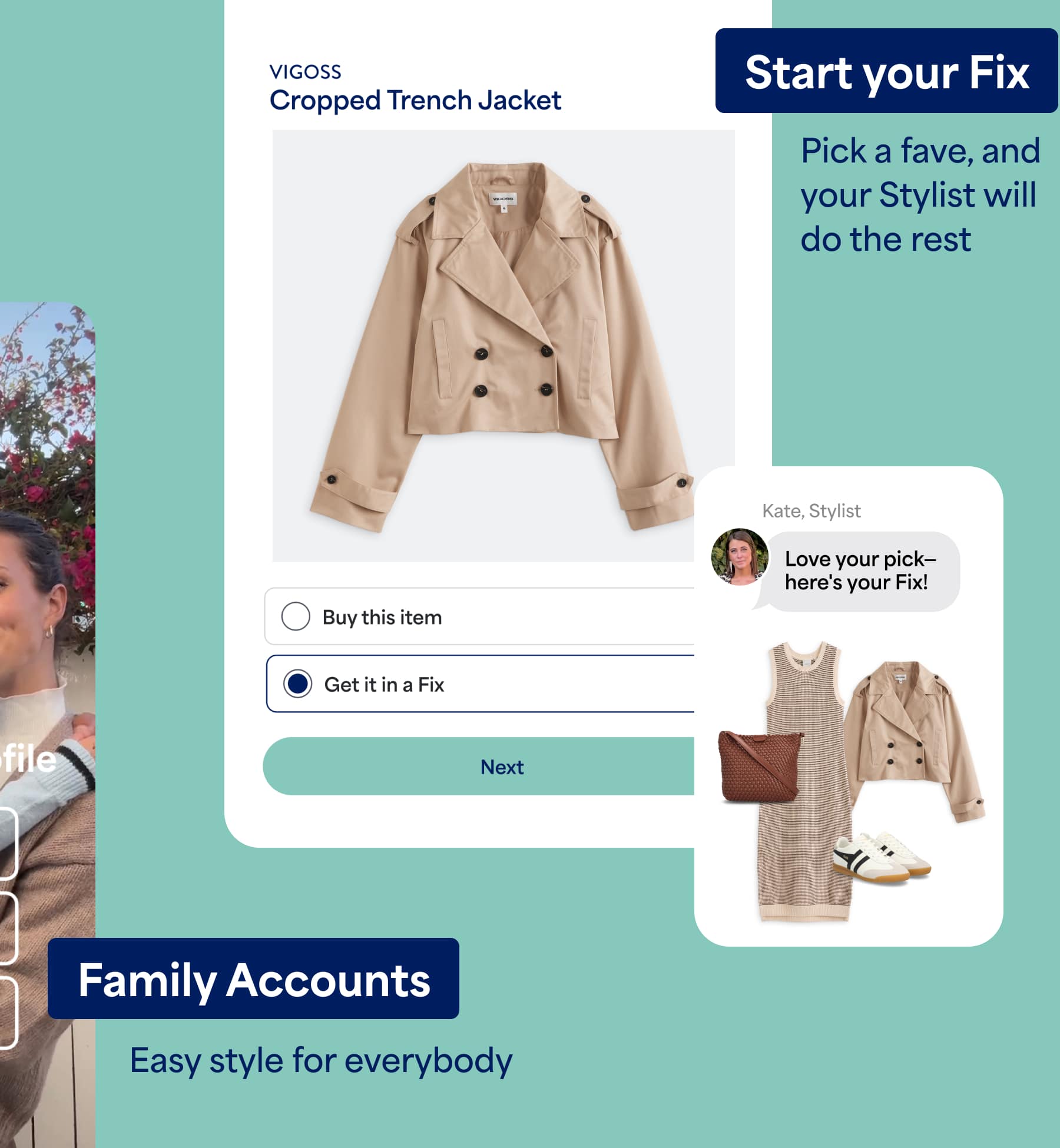 Stitch Fix app screens showing “Start your Fix” and a product page labeled “VIGOSS Cropped Trench Jacket.” Options include “Buy this item” or “Get it in a Fix.” Text also reads “Add an adult or kids profile” with buttons for “Womens,” “Mens,” and “Kids.”