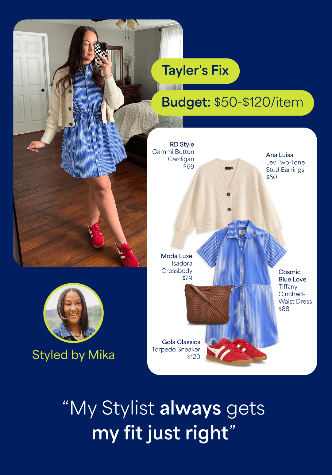 Abigail's Fix. Budget $50-150 per item. Woman wearing Stitch Fix workwear plaid blazer and jeans taking mirror selfie. Assortment of Stitch Fix clothing including camel tank top, black flare jeans, plaid blazer, tan purse and striped short-sleeve shirt. Headshot of Stylist styled by Alero