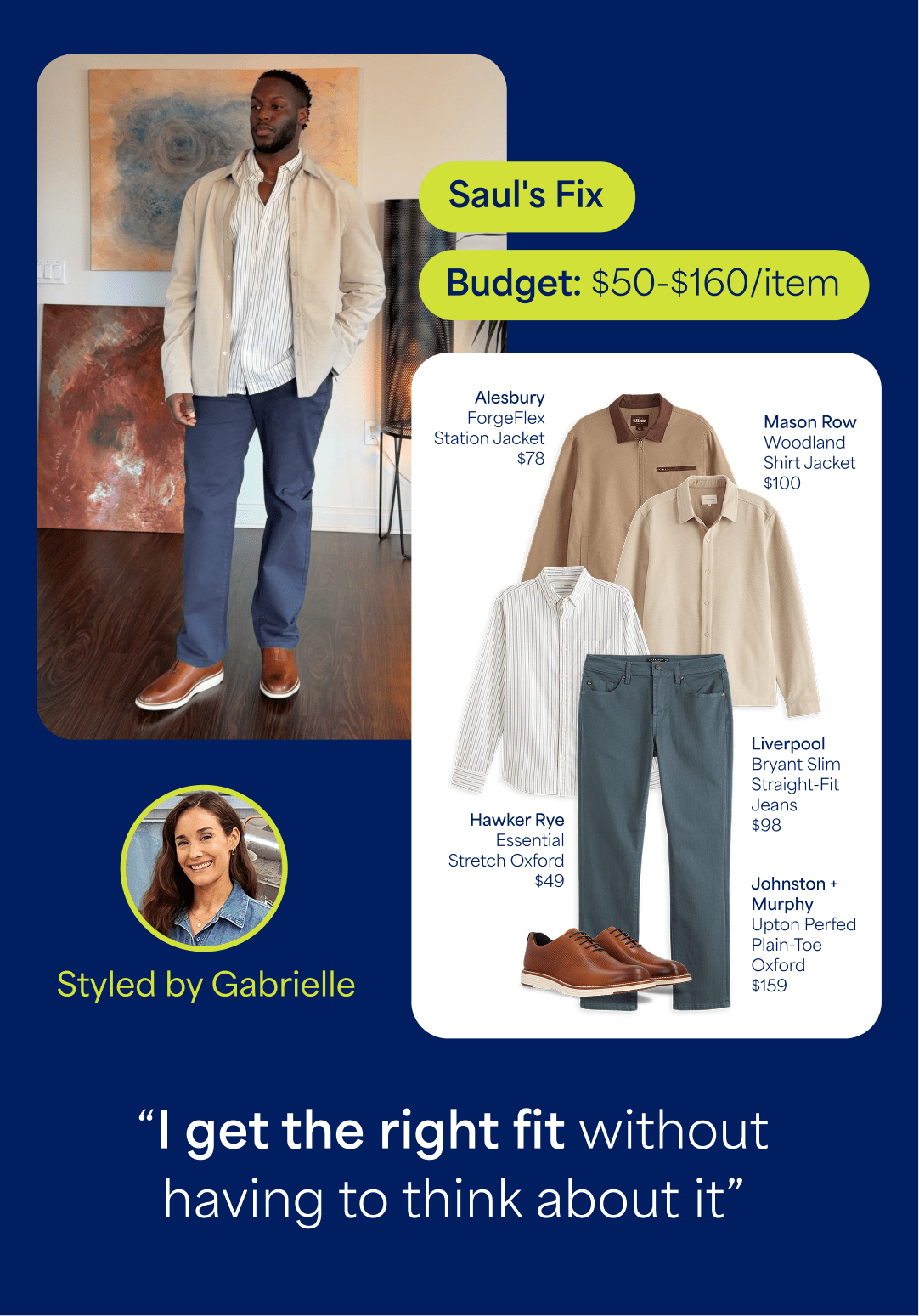Damien’s Fix: men’s Stitch Fix clothes including tan quarter-zip sweater, checked button-down shirt, white short-sleeve button down shirt, gray jeans and hybrid sneakers. Budget: $50-150 per item. Styled by Ray.