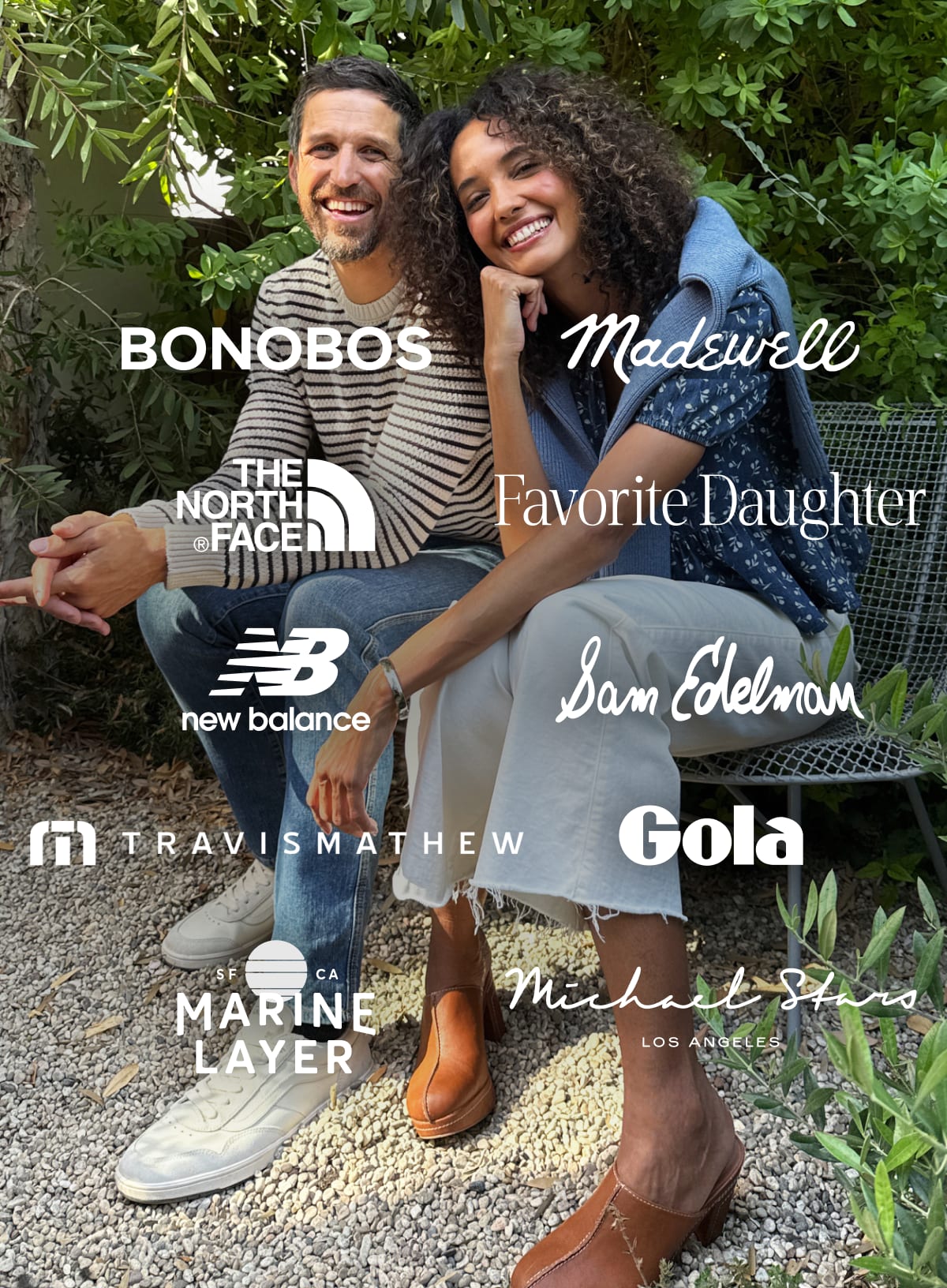 Man in striped shirt and jeans, woman in denim top and white pants, brown shoes with national brand logos