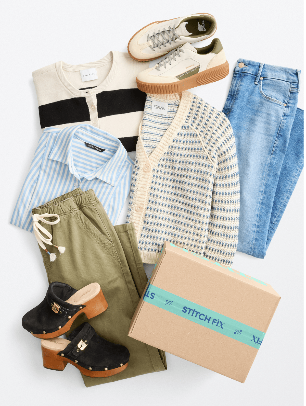 Women’s cream sweater, striped shirt, green pants, blue jeans, black clogs, sneakers and Stitch Fix box