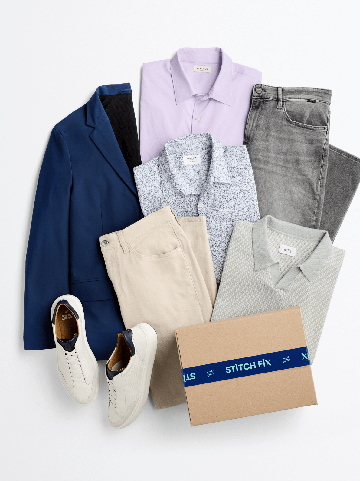 Men’s blue blazer, lavender shirt, patterned shirt, tan pants, gray jeans, white sneakers with Stitch Fix box