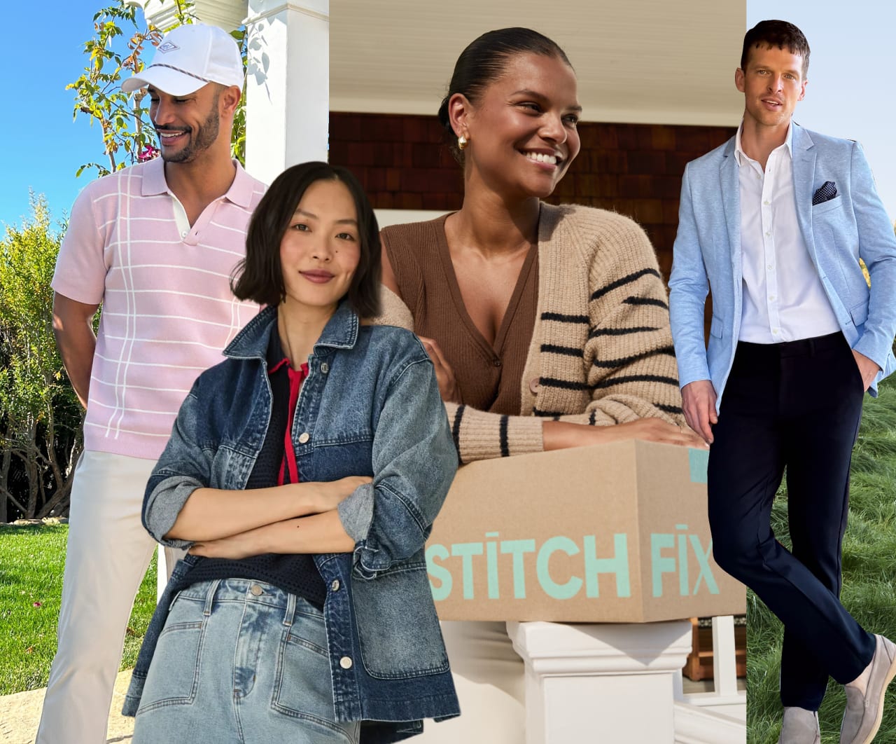 Collage of women and men in seasonal clothing with Stitch Fix box