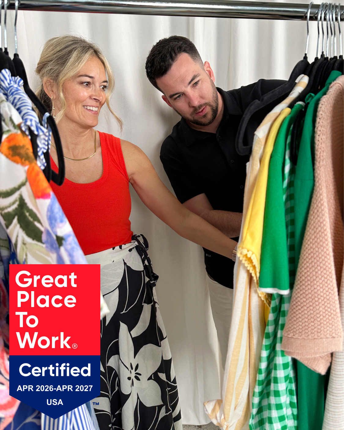 Image of Stitch Fix employees. Badge that says Great Place to Work Certified April 2026-2027 USA.