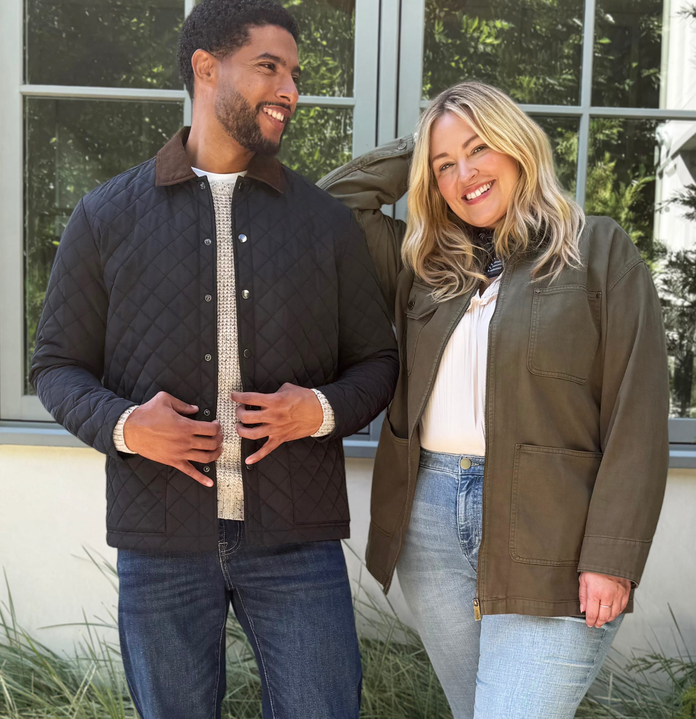 A split screen of two images—one displaying a closet rack with Stitch Fix men's and women's clothing on hangers and stacked on a shelf. Featuring items like flannels, sweaters, jeans and boots. The other of a man and woman posing happily outside in fall clothes.