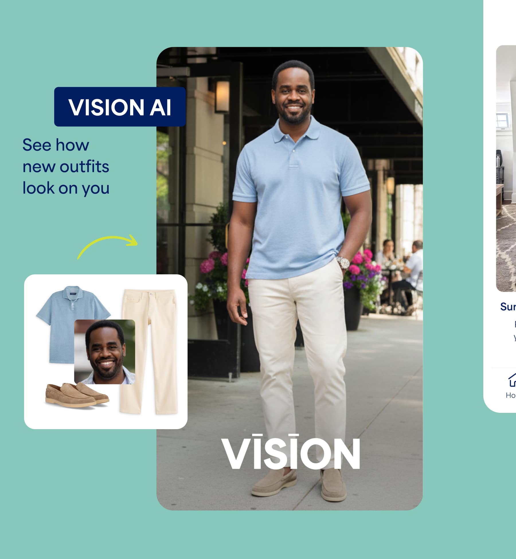 A promotional Stitch Fix Vision AI image featuring a man in a light blue polo and cream pants alongside text that reads “VISION AI” and “See how new outfits look on you.” The image includes a styled outfit preview with loafers and coordinated apparel, along with the word “VISION.”