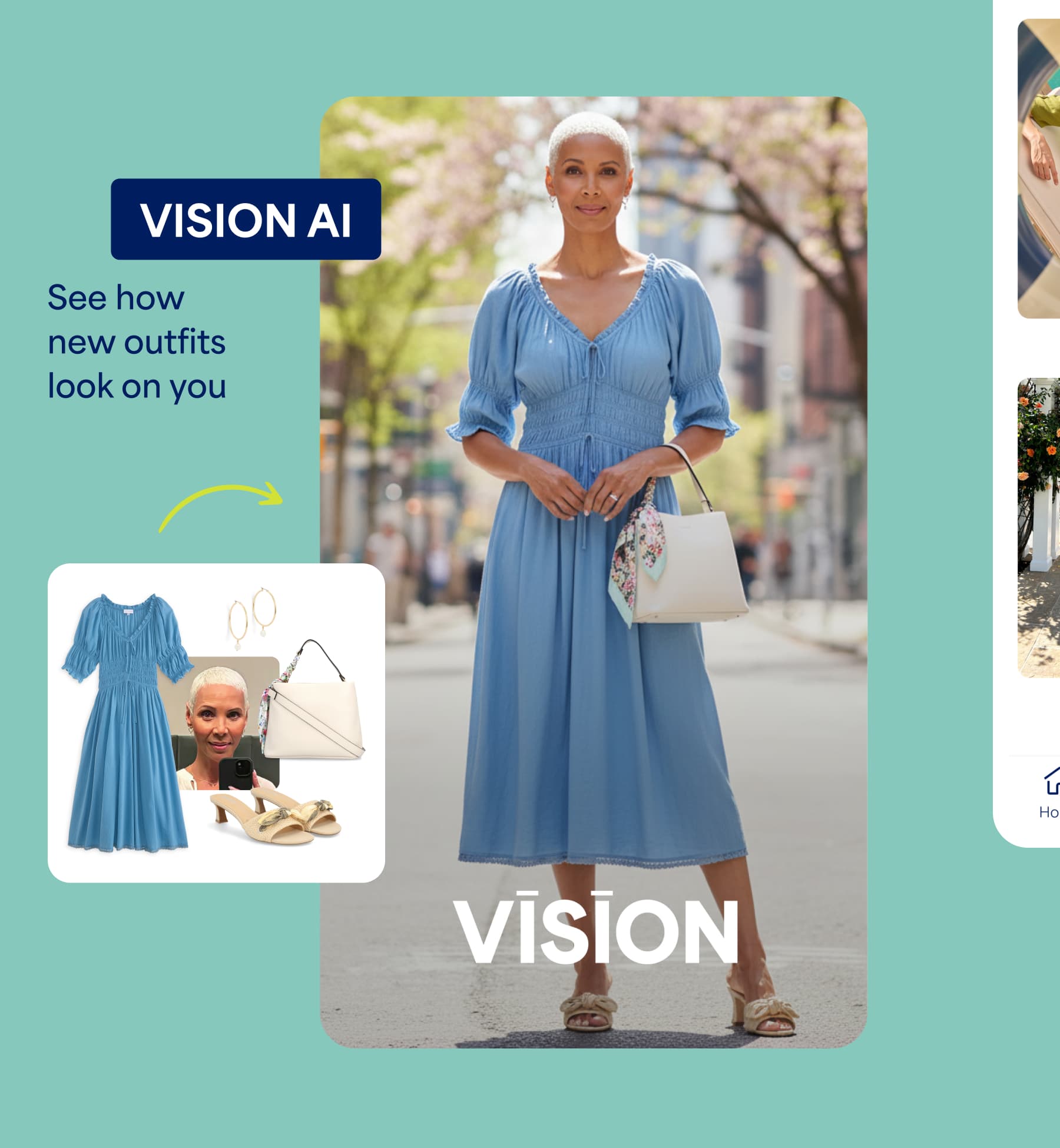 A promotional Stitch Fix Vision AI image featuring a woman in a blue dress alongside text that reads “VISION AI” and “See how new outfits look on you.” The image includes a styled outfit preview with matching accessories and the word “VISION.”