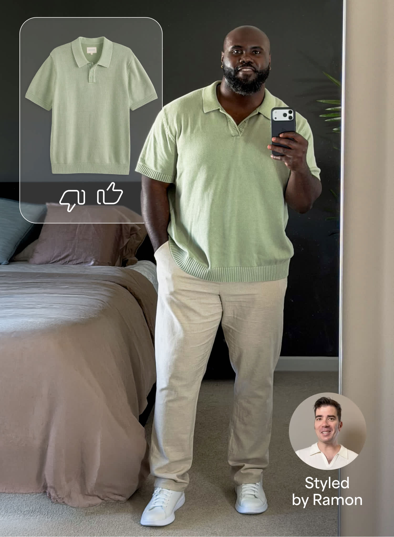 A man models a light green knit polo with cream pants and white sneakers while taking a mirror selfie indoors. The image includes an outfit preview card with thumbs up and thumbs down icons and text that reads “Styled by Ramon.”