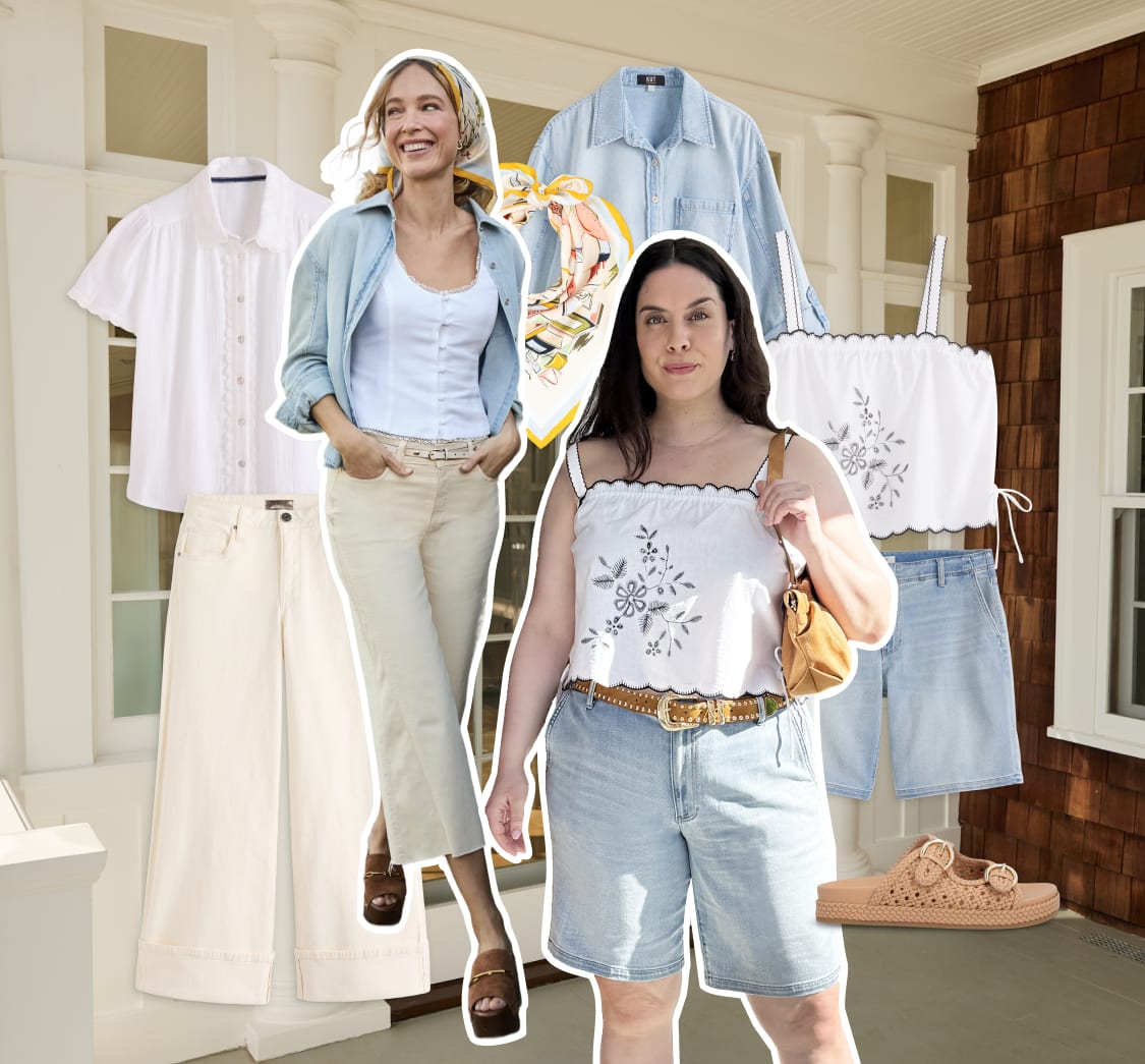 Women model casual everyday outfits with denim shorts, lightweight layers, soft neutrals, and relaxed spring separates styled with sandals and handbags.