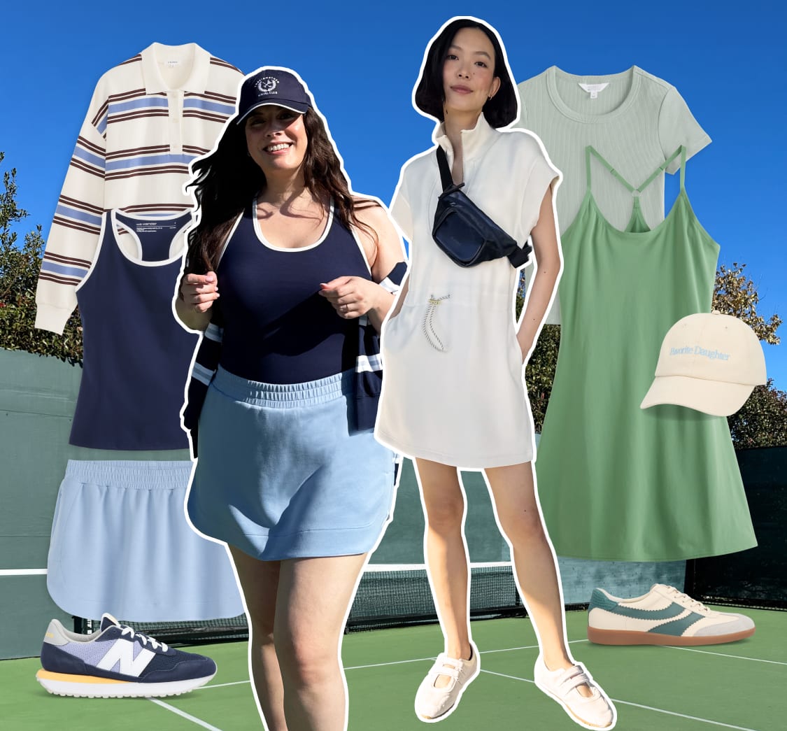 Women model sporty clubhouse-inspired outfits featuring skorts, knit layers, casual dresses, sneakers, and caps in coordinated blue, green, and neutral tones.
