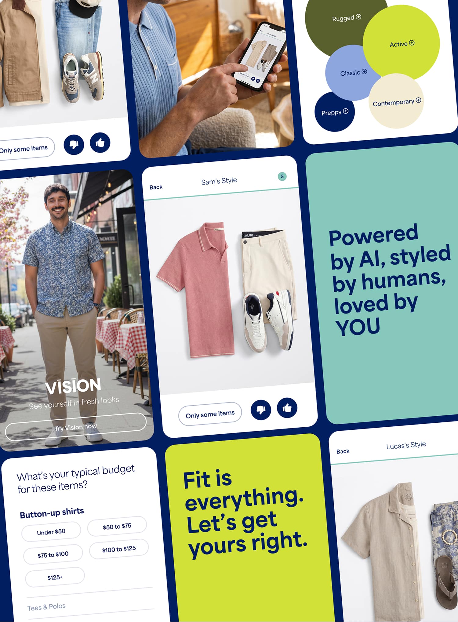 A promotional collage featuring Stitch Fix app experiences including Vision AI outfit previews, personalized style recommendations, style preference categories, and budget selection tools. Text includes “Powered by AI, styled by humans, loved by YOU,” “What’s your typical budget for these items?”, and style labels such as “Rugged,” “Active,” “Classic,” “Preppy,” and “Contemporary.” The collage also features outfit styling screens labeled “Sam’s Style” and “Lucas’s Style,” along with “VISION” and “See yourself in fresh looks.”