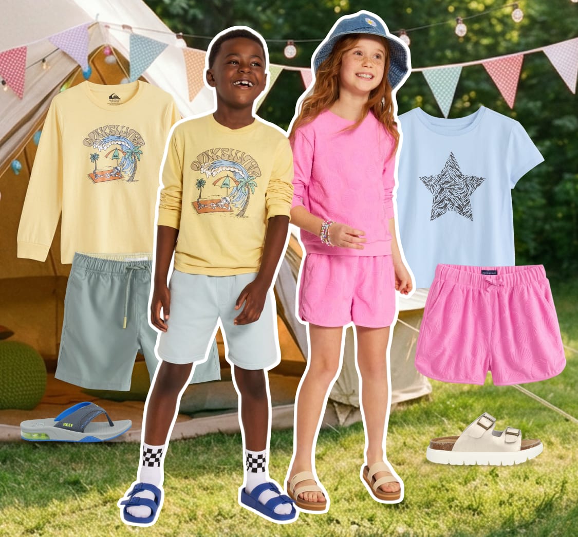 Kids model casual summer outfits with graphic tees, bright separates, shorts, sandals, and playful accessories surrounded by colorful everyday styles.