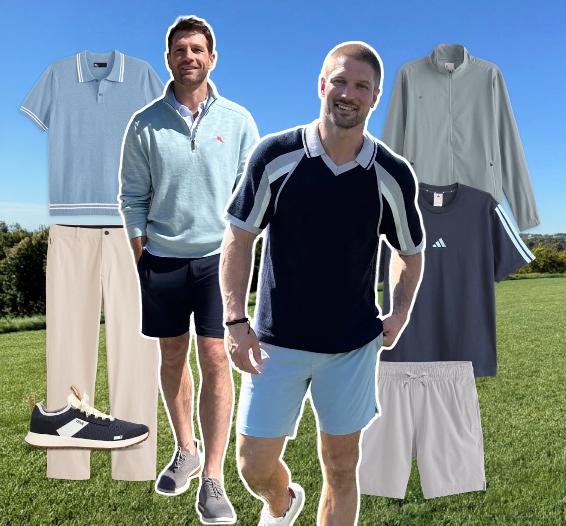Men model coastal-inspired outfits with knit sets, lightweight camp shirts, shorts, and relaxed summer separates against an ocean backdrop.