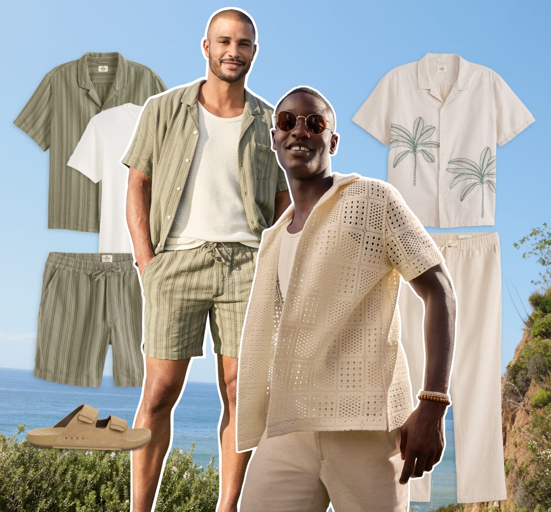 Men model coastal-inspired outfits with knit sets, lightweight camp shirts, shorts, and relaxed summer separates against an ocean backdrop.