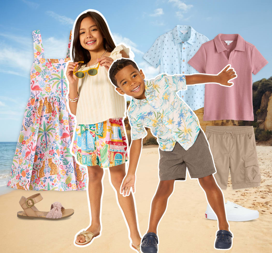 Kids model colorful warm-weather outfits featuring printed dresses, matching sets, graphic tees, shorts, and sandals styled with playful seasonal apparel in a sunny outdoor setting.