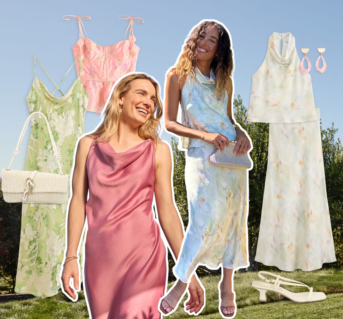 Women model pastel occasion dresses and floral styles for summer celebrations, surrounded by coordinating dresses, sandals, handbags, and accessories in soft seasonal colors.