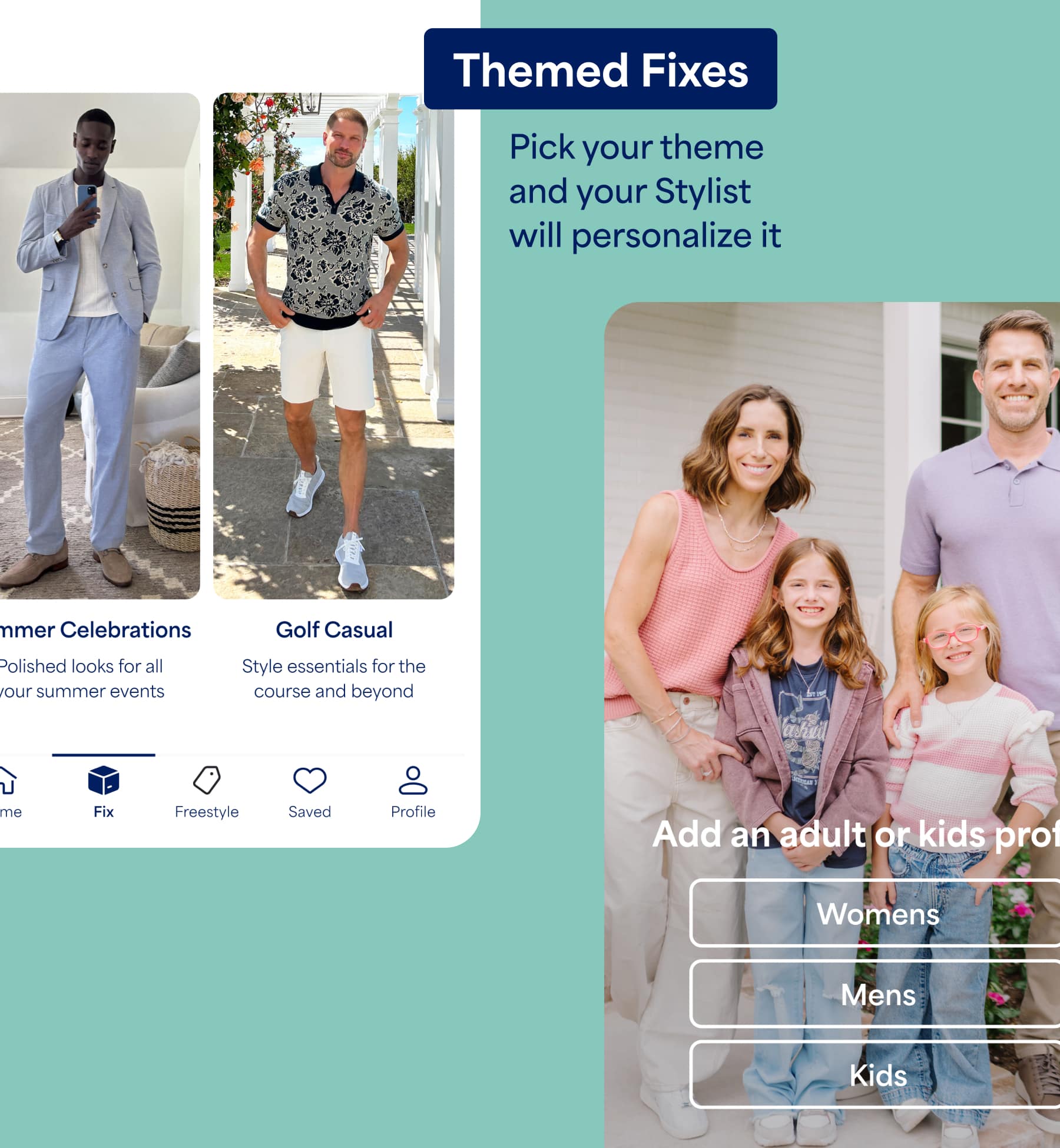 A promotional image for “Themed Fixes” featuring curated seasonal style themes and family profile options. Text reads “Pick your theme and your Stylist will personalize it” and “Add an adult or kids profile.” Theme options shown include “Summer Celebrations” and “Golf Casual,” with descriptions such as “Polished looks for all your summer events” and “Style essentials for the course and beyond.” Profile options shown include “Womens,” “Mens,” and “Kids.”
