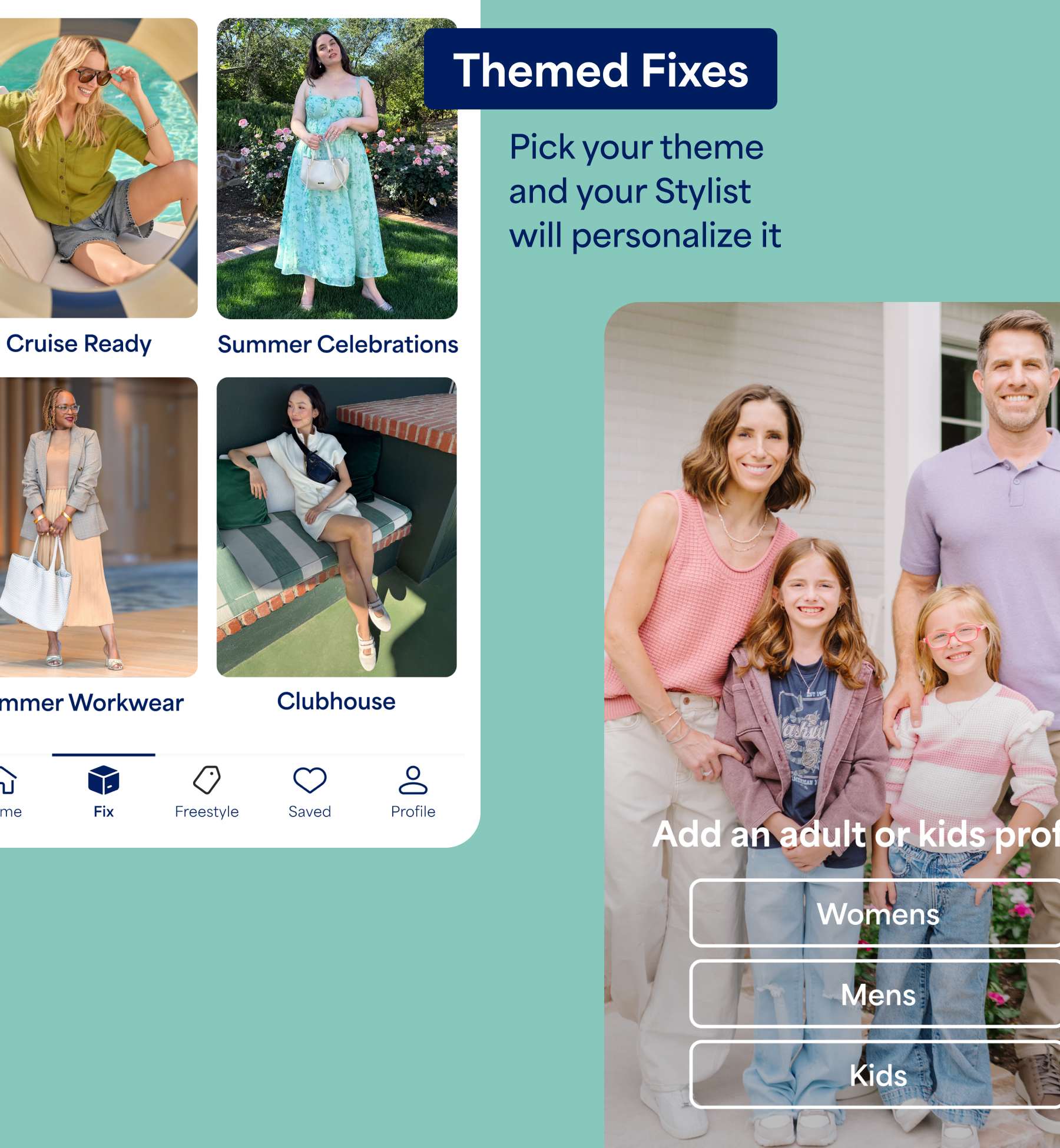 A promotional image for “Themed Fixes” featuring curated seasonal style themes and family profile options. Text reads “Pick your theme and your Stylist will personalize it” and “Add an adult or kids profile.” Theme options shown include “Cruise Ready,” “Summer Celebrations,” “Summer Workwear,” and “Clubhouse,” alongside profile options for “Womens,” “Mens,” and “Kids.”