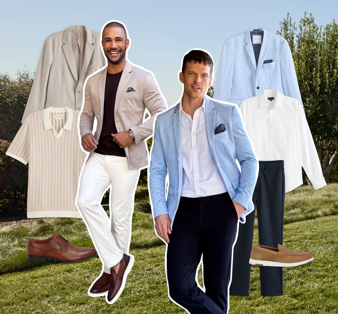 Men model polished workwear and celebration-ready looks featuring light blazers, tailored pants, dress shirts, and loafers in soft neutral and blue tones.