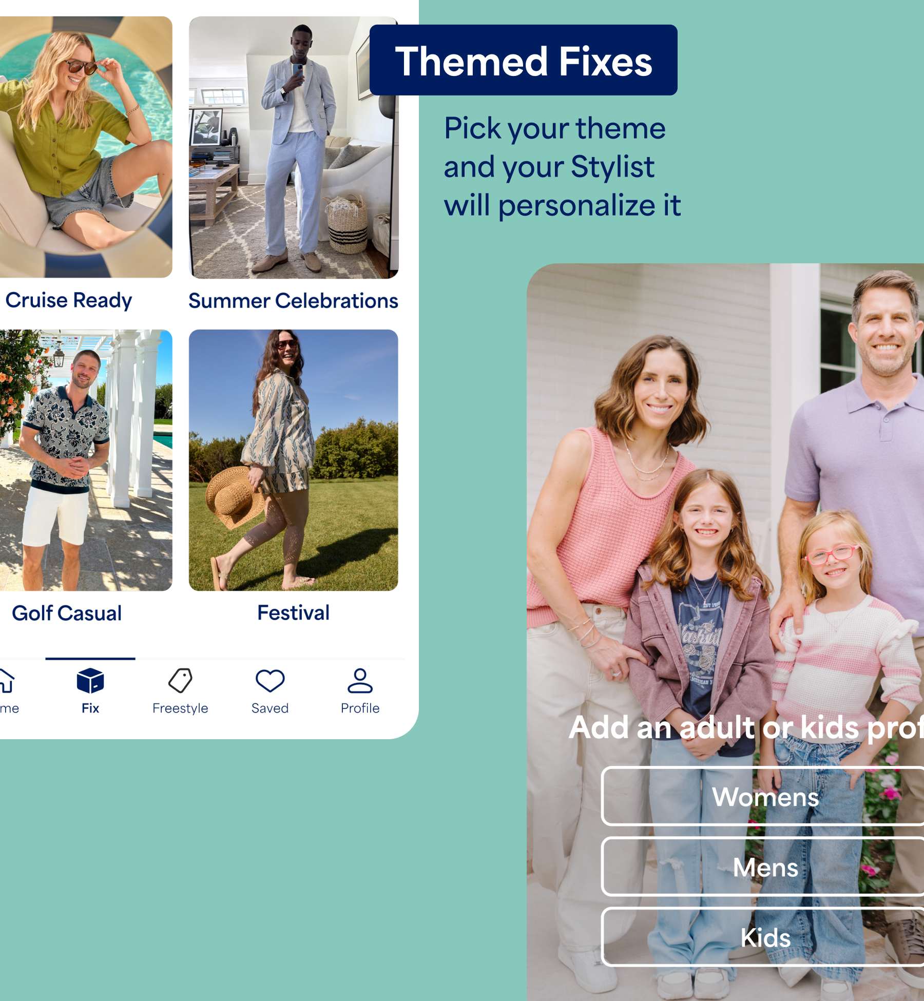 A promotional image for “Themed Fixes” featuring curated seasonal style themes and a family profile feature. Text reads “Pick your theme and your Stylist will personalize it” and “Add an adult or kids profile.” Theme options shown include “Cruise Ready,” “Summer Celebrations,” “Golf Casual,” and “Festival,” alongside profile options for “Womens,” “Mens,” and “Kids.”