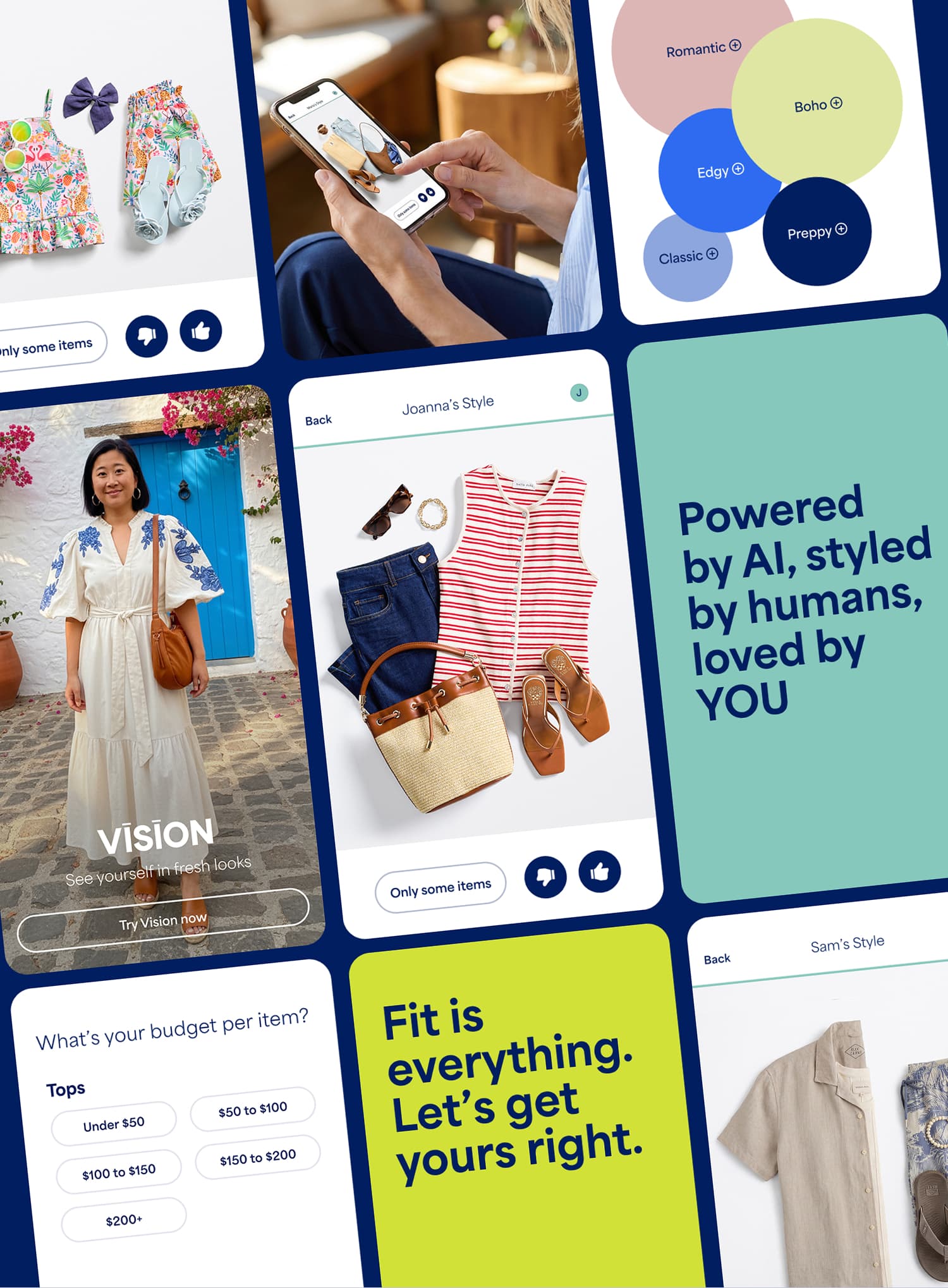 A promotional collage featuring Stitch Fix app experiences including Vision AI outfit previews, personalized style recommendations, style preference categories, and budget selection tools. Text includes “Powered by AI, styled by humans, loved by YOU,” “What’s your budget per item?”, and style labels such as “Boho,” “Romantic,” “Edgy,” “Classic,” and “Preppy.”