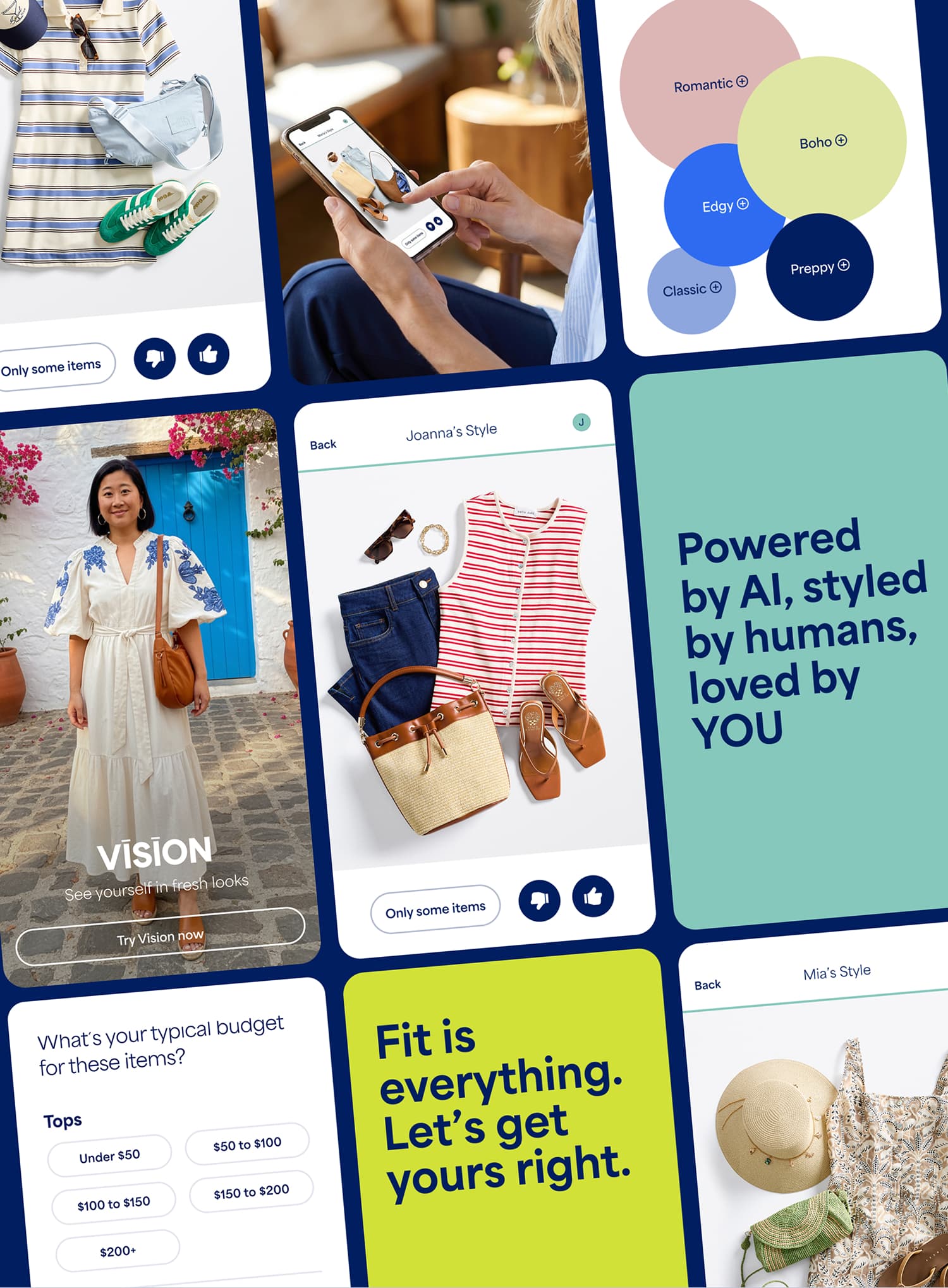 A promotional collage featuring Stitch Fix app experiences including Vision AI outfit previews, personalized style recommendations, style preference categories, and budget selection tools. Text includes “Powered by AI, styled by humans, loved by YOU,” “What’s your typical budget for these items?”, and style labels such as “Romantic,” “Boho,” “Edgy,” “Classic,” and “Preppy.” The collage also features outfit styling screens labeled “Joanna’s Style” and “Mia’s Style,” along with “VISION” and “See yourself in fresh looks.”