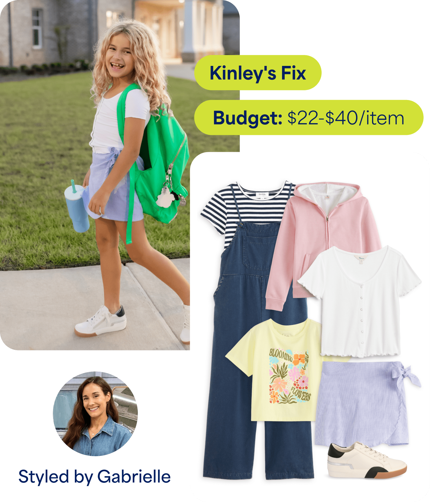 A personalized kids’ Fix featuring Kinley in a casual outfit with a green backpack and sneakers beside a curated outfit board with overalls, pastel separates, hoodies, graphic tees, and sneakers. Text reads “Kinley’s Fix,” “Budget: $22-$40/item,” and “Styled by Gabrielle.”
