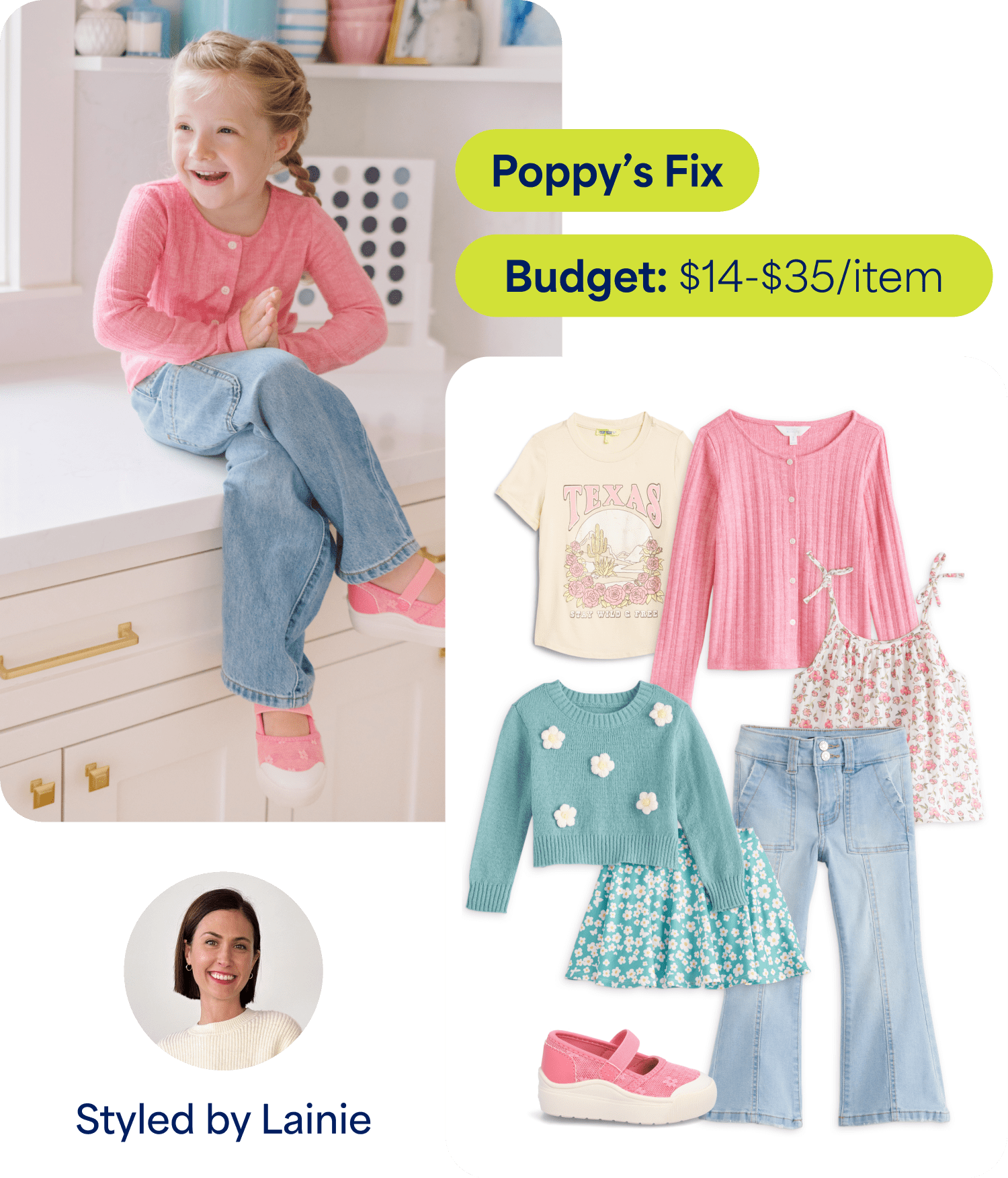 A personalized kids’ Fix featuring Poppy in a pink cardigan, jeans, and pink shoes beside a curated outfit board with colorful tops, floral pieces, denim, and playful accessories. Text reads “Poppy’s Fix,” “Budget: $14-$35/item,” and “Styled by Lainie.”