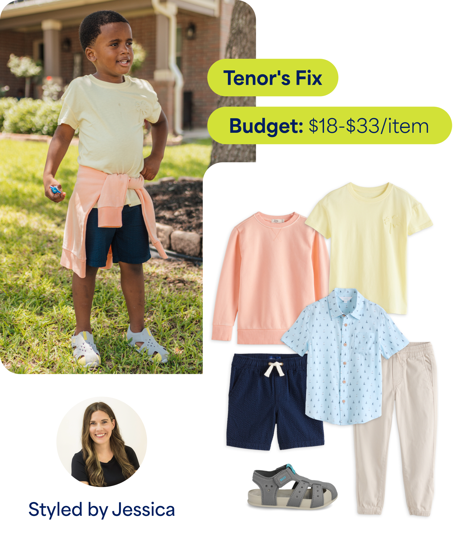 A personalized kids’ Fix featuring Tenor in a pastel tee, shorts, and sporty sandals beside a curated outfit board with lightweight separates, joggers, shorts, and casual warm-weather styles. Text reads “Tenor’s Fix,” “Budget: $18-$33/item,” and “Styled by Jessica.”