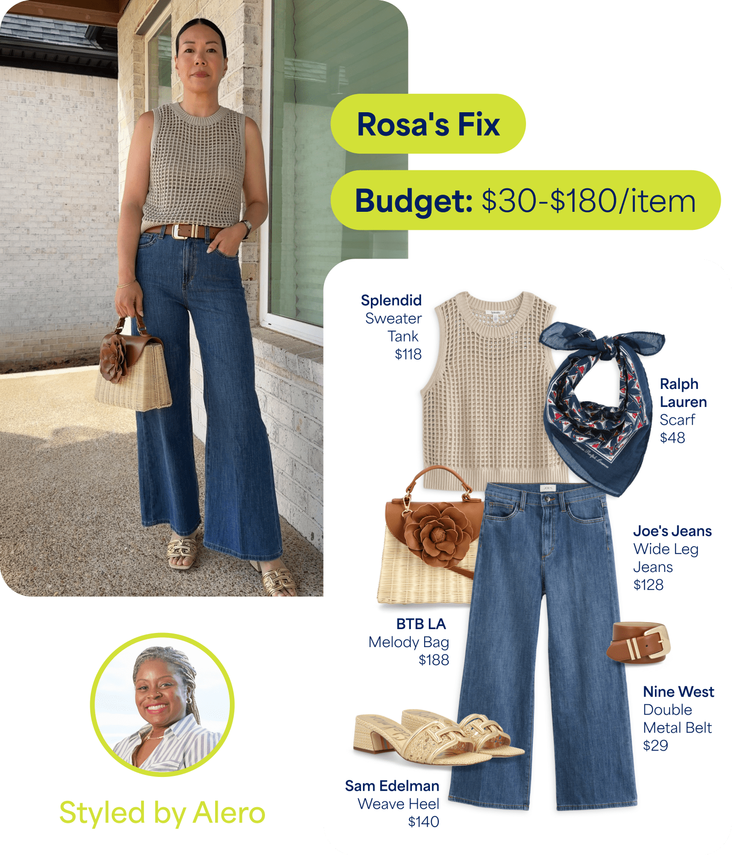 A personalized women’s Fix featuring Rosa in a sleeveless knit tank and wide-leg jeans beside a curated outfit board with matching accessories and styling details. Text reads “Rosa’s Fix,” “Budget: $30-$180/item,” and “Styled by Alero.” Product text includes “Splendid Sweater Tank $118,” “Joe’s Jeans Wide Leg Jeans $128,” “BTB LA Melody Bag $188,” “Sam Edelman Weave Heel $140,” “Ralph Lauren Scarf $48,” and “Nine West Double Metal Belt $29.”