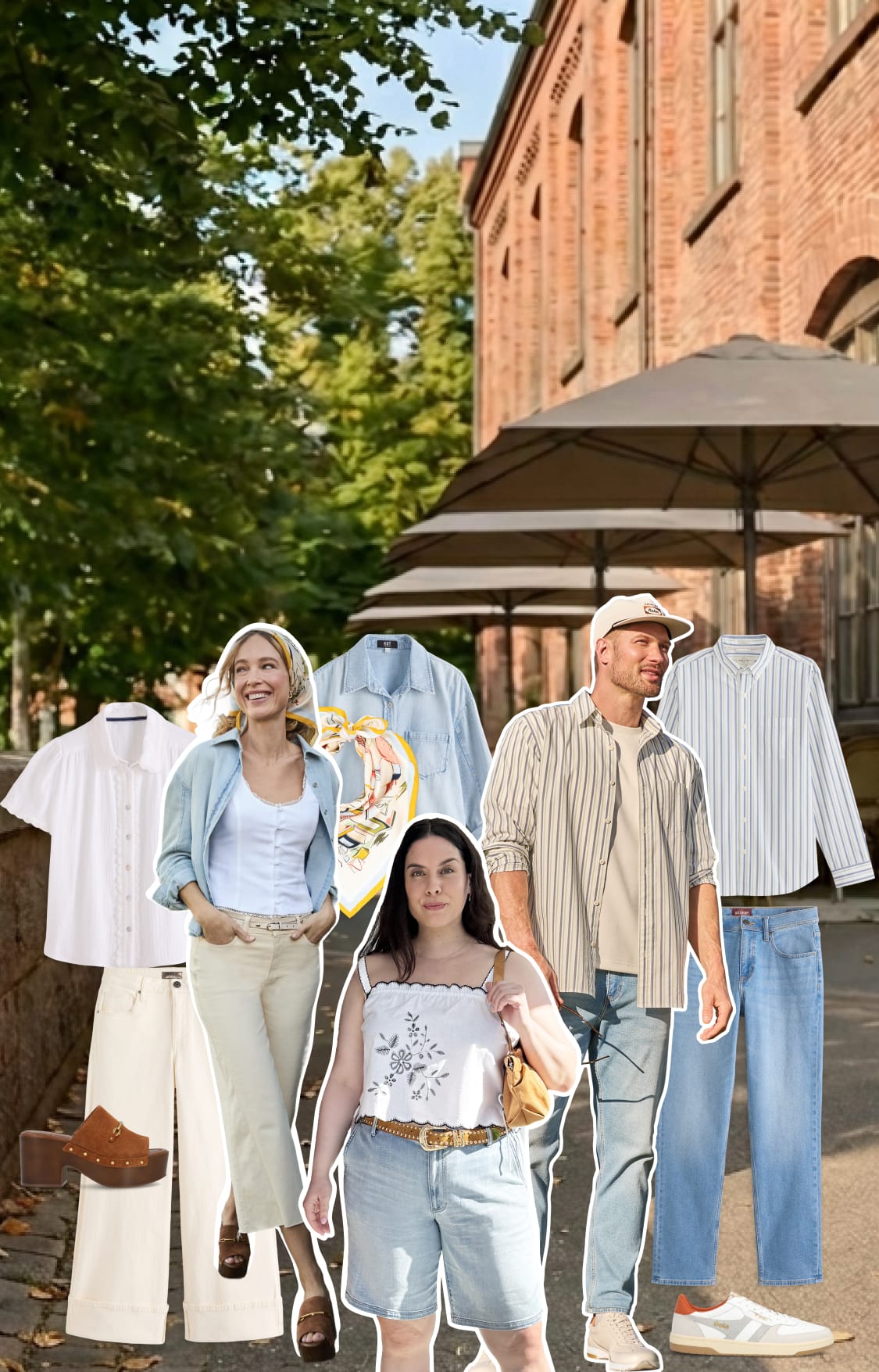 Two women and two men model casual spring outfits with light denim, neutral layers, and soft blue tones on a sunny city street surrounded by hanging clothing and accessories.