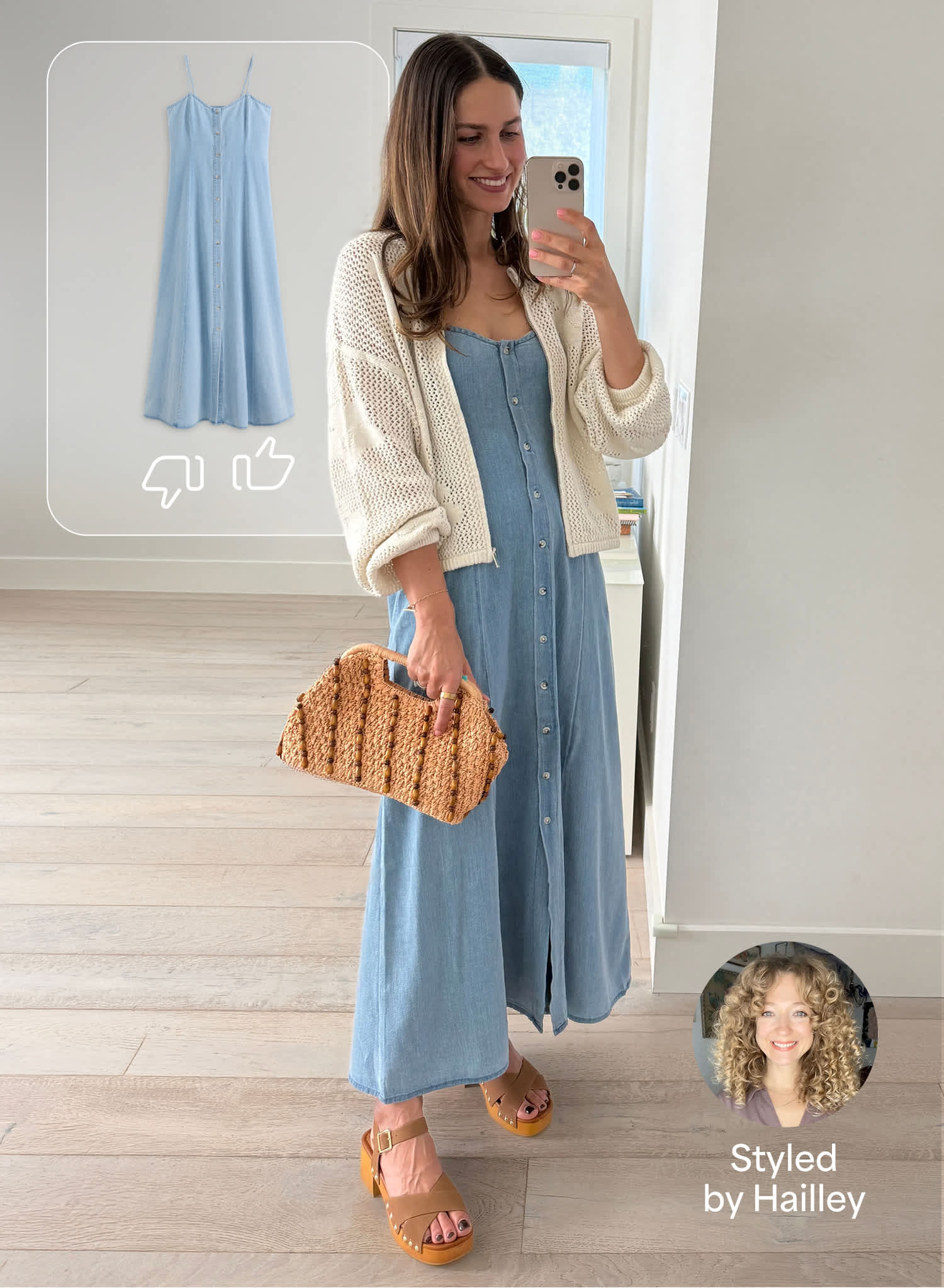 A woman models a light blue button-front maxi dress layered with a cream knit cardigan while taking a mirror selfie indoors. The image includes an outfit preview card with thumbs up and thumbs down icons and text that reads “Styled by Hailley.”