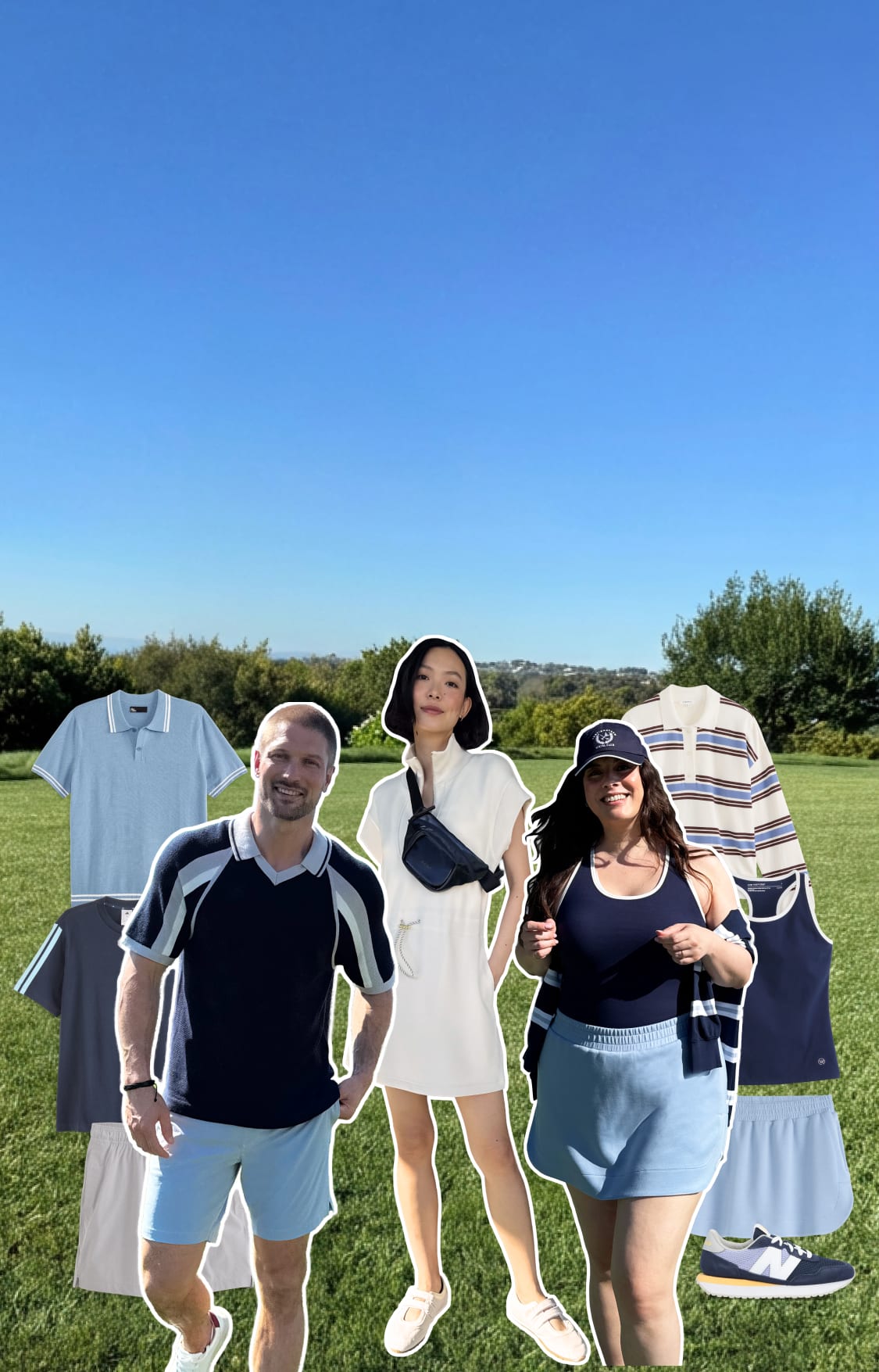 Two men and two women model sporty casual looks with polos, skorts, knit layers, and sneakers in soft blues, greens, and neutrals against an open grassy backdrop with hanging apparel and accessories.
