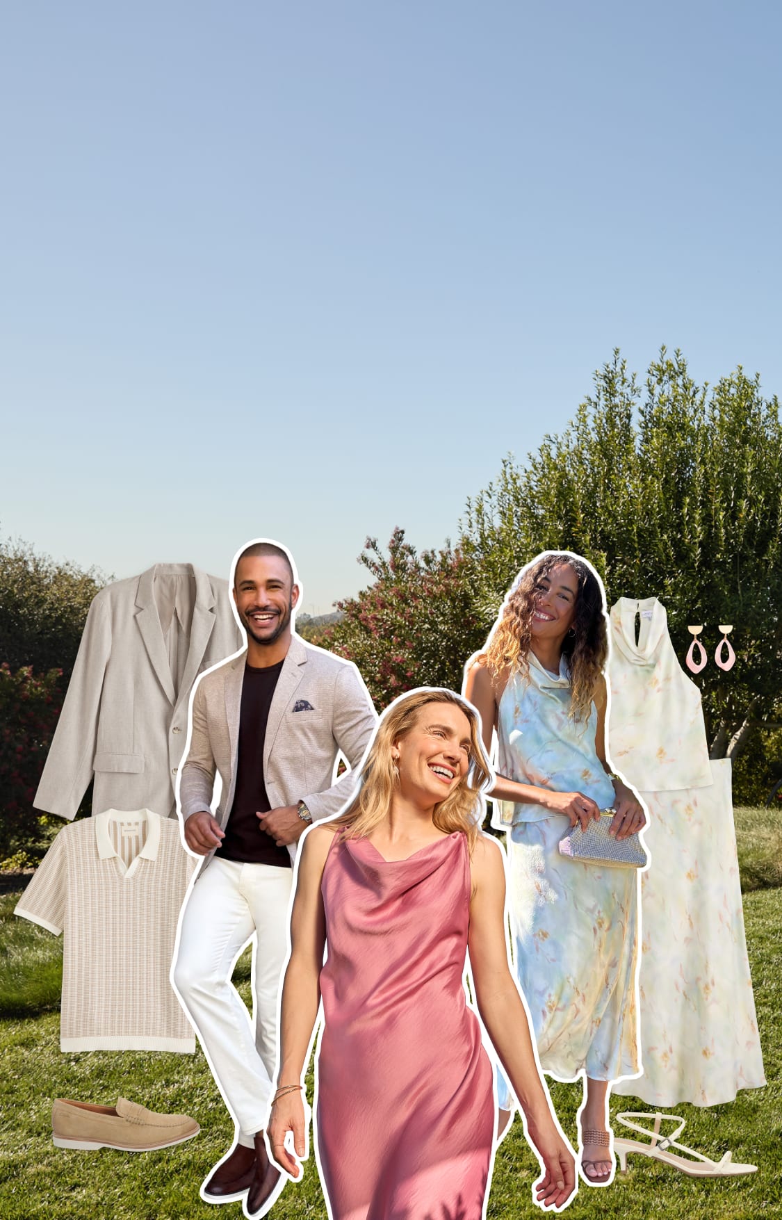 Two men in light blazers and tailored pants and two women in pastel dresses pose outdoors among hanging spring clothing, shoes, and accessories in soft seasonal colors.