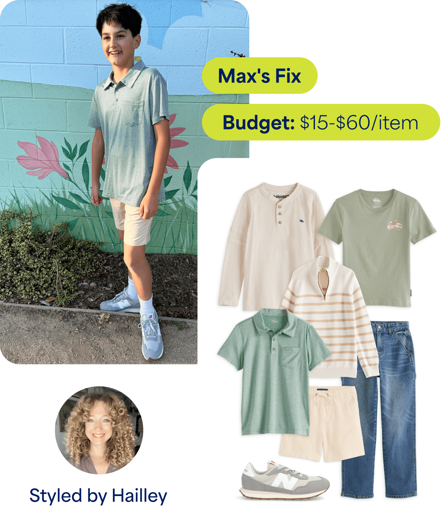 A personalized kids’ Fix featuring Max in a striped green polo, shorts, and sneakers beside a curated outfit board with layered neutral separates, denim, and casual everyday styles. Text reads “Max’s Fix,” “Budget: $15-$60/item,” and “Styled by Hailley.”