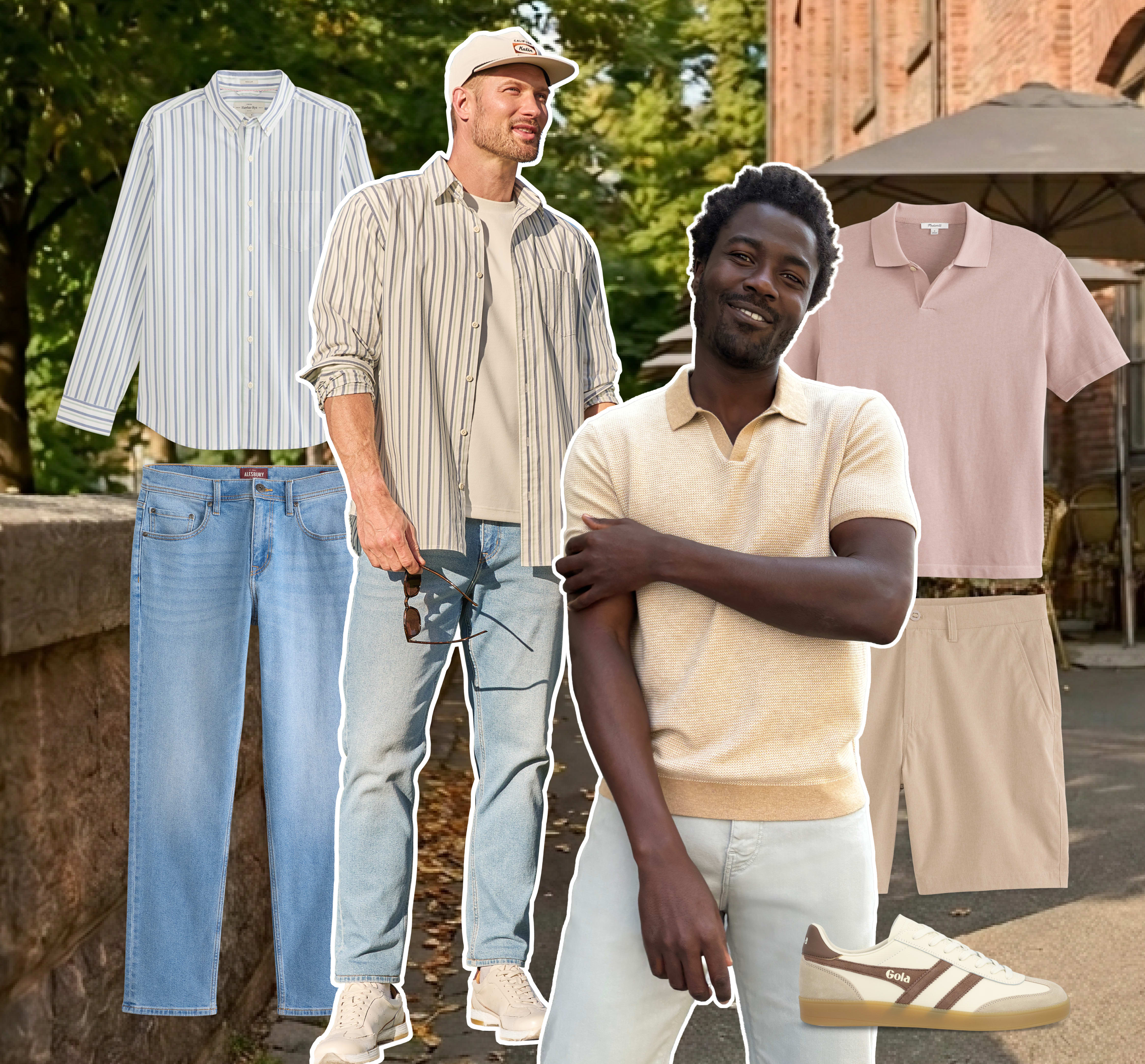 Men model casual everyday outfits with relaxed polos, striped shirts, denim, and neutral separates styled with laid-back accessories and lightweight layers.