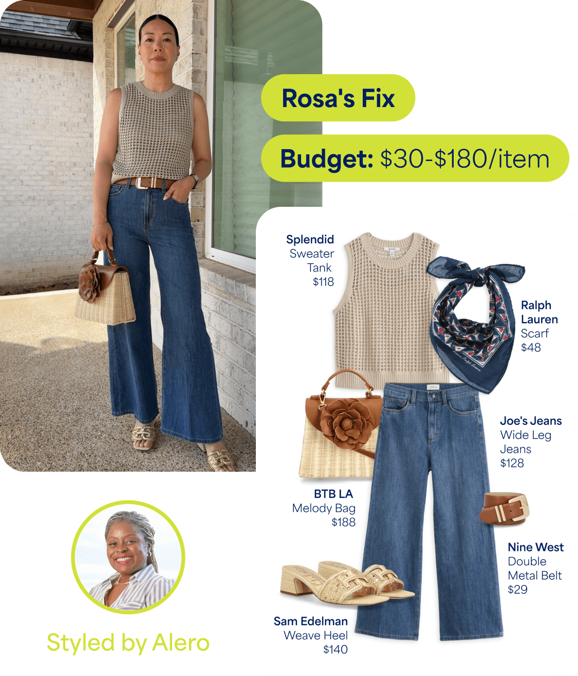 A personalized women’s Fix featuring Rosa in a sleeveless knit tank and wide-leg jeans beside a curated outfit board with matching accessories and styling details. Text reads “Rosa’s Fix,” “Budget: $30-$180/item,” and “Styled by Alero.” Product text includes “Splendid Sweater Tank $118,” “Joe’s Jeans Wide Leg Jeans $128,” “BTB LA Melody Bag $188,” “Sam Edelman Weave Heel $140,” “Ralph Lauren Scarf $48,” and “Nine West Double Metal Belt $29.”