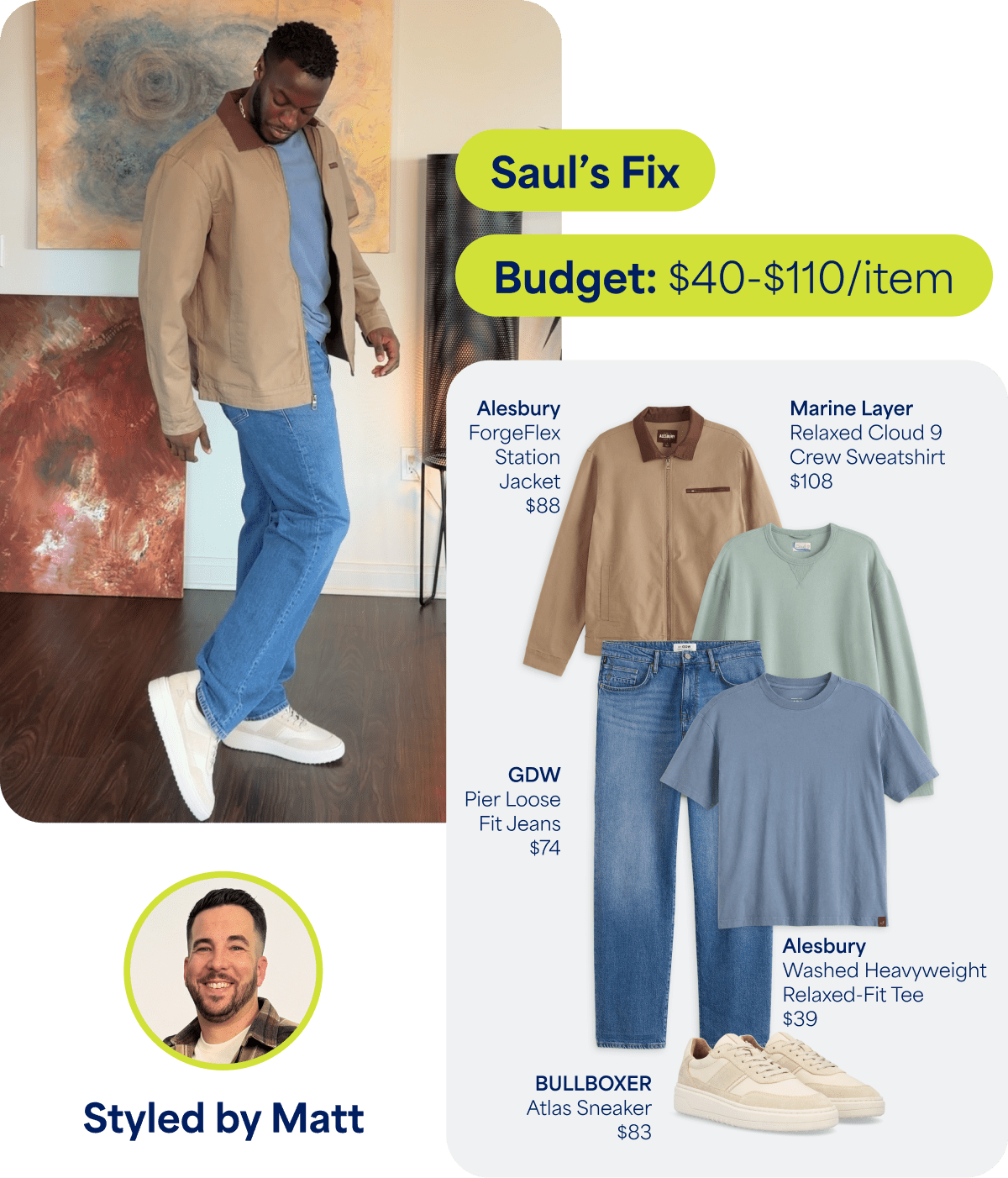 Man in tan jacket, blue jeans, and white sneakers beside casual tops, jeans, and Stylist profile. On-image text reads: “Saul’s Fix - Budget: $40-$110/item - Alesbury ForgeFlex Station Jacket $88 - Marine Layer Relaxed Cloud 9 Crew Sweatshirt $108 - GDW Pier Loose Fit Jeans $74 - Alesbury Washed Heavyweight Relaxed-Fit Tee $39 - BULLBOXER Atlas Sneaker $83 - Styled by Matt - ‘Instant confidence boost and saves so much time’”