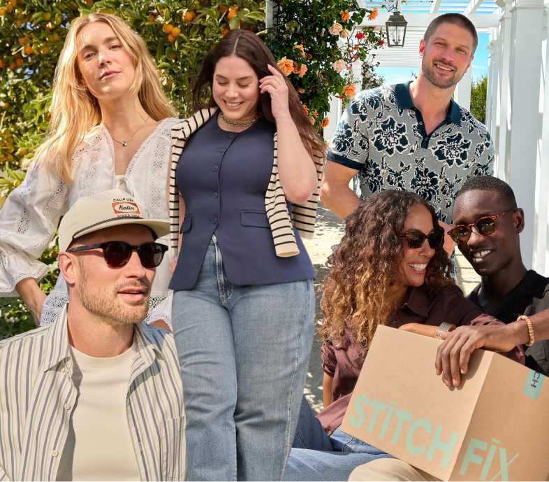 Collage of women in white dress and navy top with jeans, and men in striped shirt, floral polo, and casual outfits